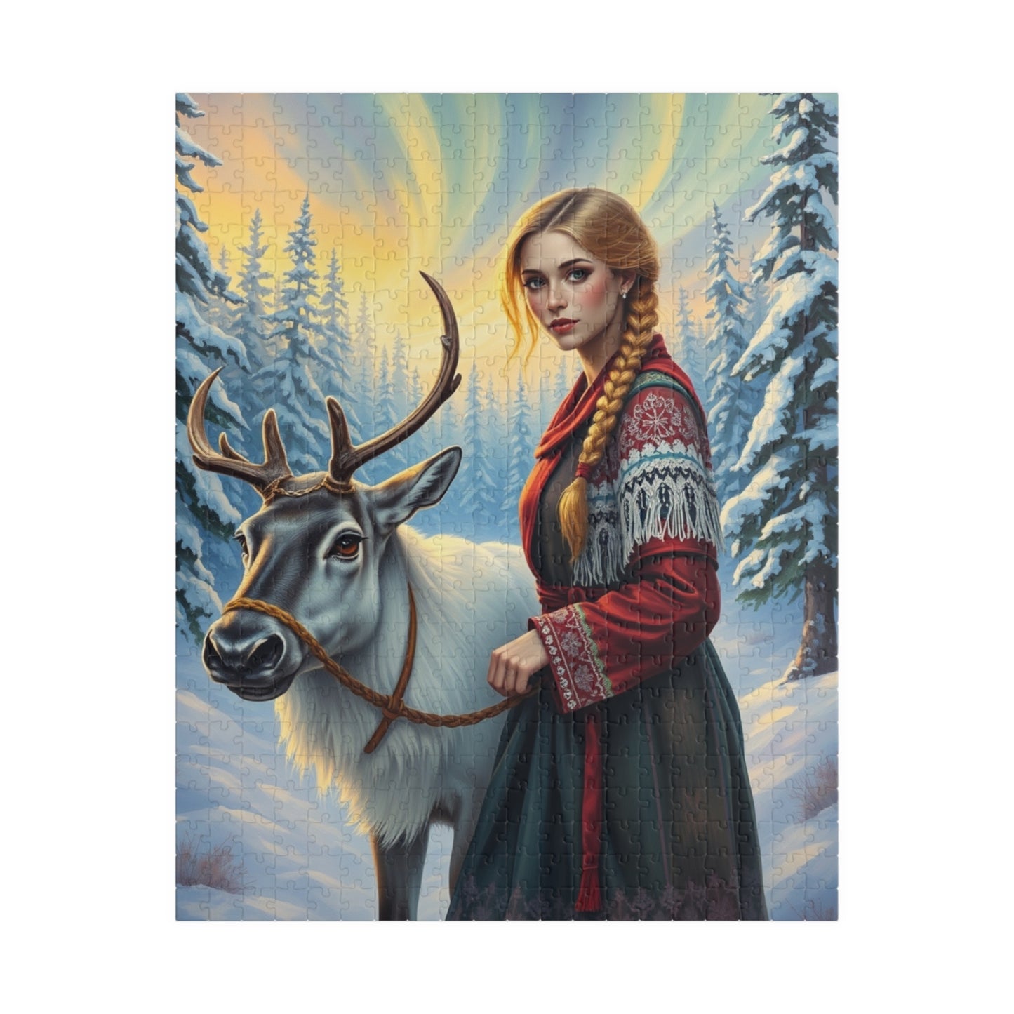Nordic Cultural Winter Jigsaw Puzzle, Woman Guiding Reindeer Northern Lights, Sami Attire Snowy Forest, Best Unique Gift for Puzzle Lover 520 pcs (Vertical) Puzzle The Puzzle Chest
