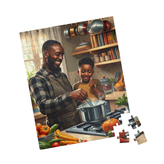 Black Family Cooking Jigsaw Puzzle - African American Father and Son Kitchen Scene, Afrocentric Art 110 pcs (Vertical) Puzzle The Puzzle Chest