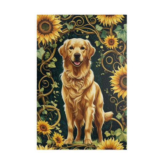 Vintage Golden Retriever Jigsaw Puzzle, Floral Sunflower Dog Themed Game for Family Fun Leisure Activity, Pet Owner Best Unique Gift, Hobby 1014 pcs (Vertical) Puzzle The Puzzle Chest