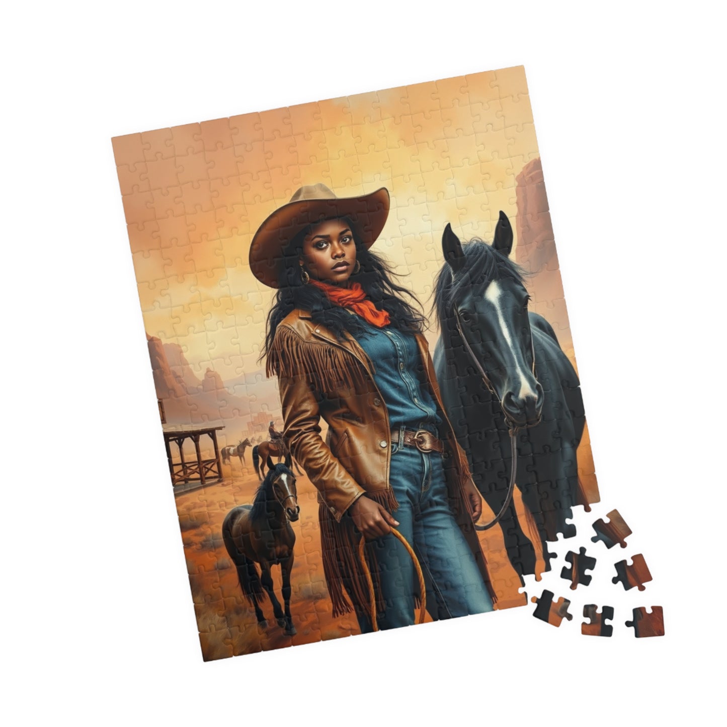 Black Cowgirl Puzzle (110-1014 Piece), Western Landscape with Horse and Saloon Jigsaw Game, Wild West Frontier Desert Scene with Mustangs Puzzle The Puzzle Chest