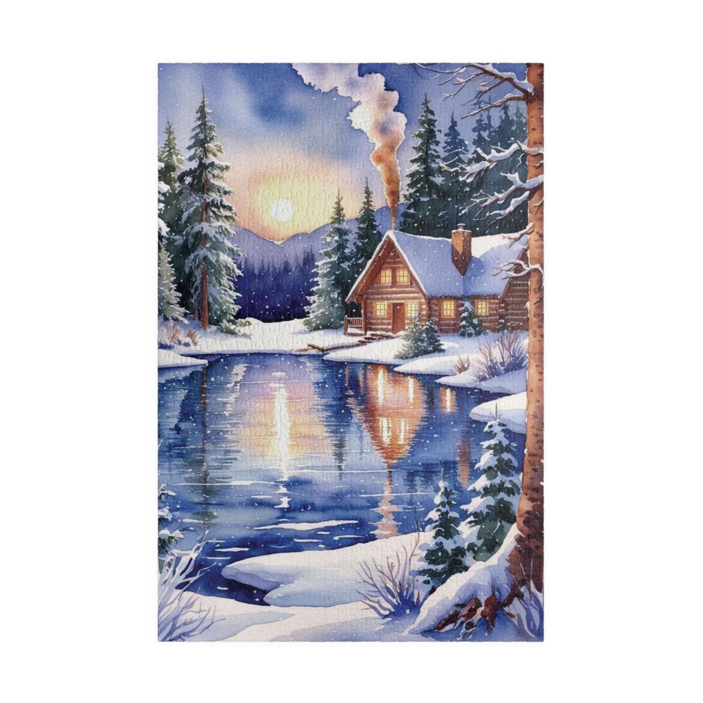 Winter Snowy Landscape Jigsaw Puzzle, Cozy Log Cabin, 110-1014 Piece Puzzle, Watercolor Style, Christmas Gift, Relaxing Activity, Giftable 1014 pcs (Vertical) Puzzle The Puzzle Chest