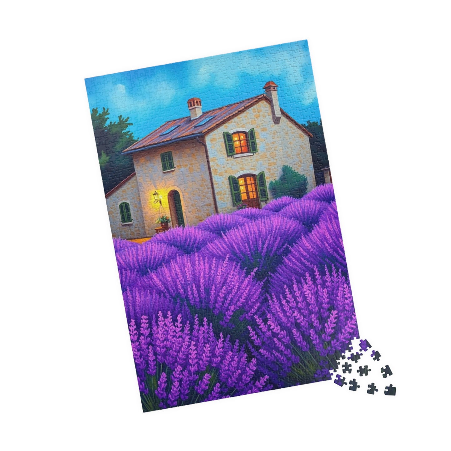 Puzzle, Bioluminescent Lavender Fields in Provence, France, 110/252/520/1014-Piece, Rustic Stone Farmhouse, Wooden Shutters, Vibrant Purple Puzzle The Puzzle Chest