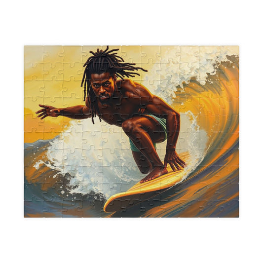 Black Man Surfing Puzzle, Afrocentric Black Art Jigsaw Game for Beach Lover, Solo Fun or Family Activity, Holiday Birthday Gift for Surfer 110 pcs (Horizontal) Puzzle The Puzzle Chest