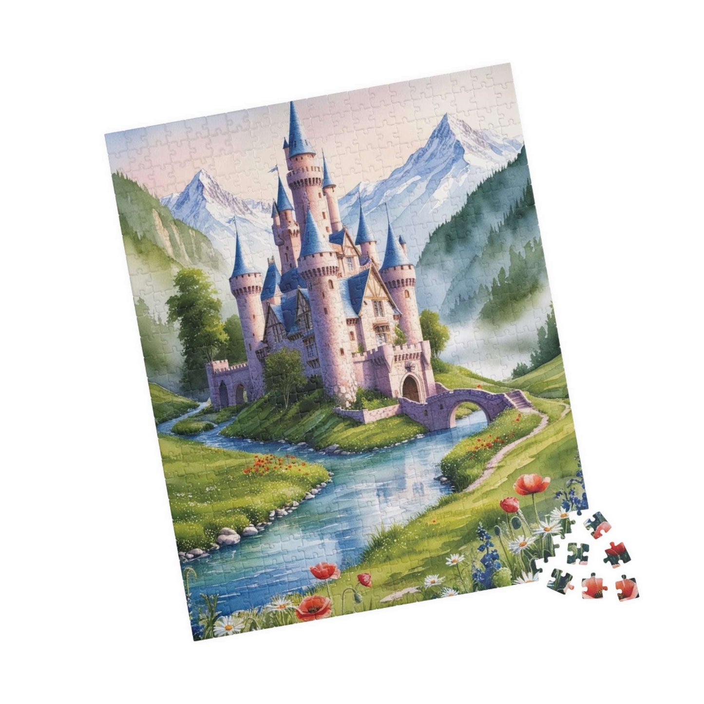 Jigsaw Puzzle, Fairytale Castle Landscape Puzzle - Snow-capped Mountains, Wildflowers, River, Scenic Puzzle Puzzle The Puzzle Chest