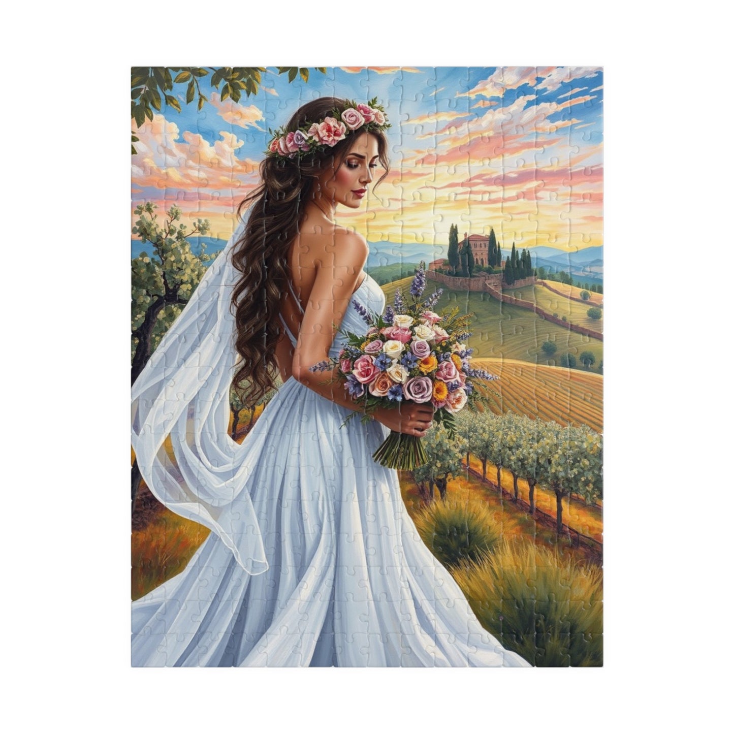 Elegant Italian Bride Jigsaw Puzzle, White Gown Floral Crown Wildflower Bouquet, Tuscan Vineyard Romantic Wedding, Puzzle Enthusiast Gift 252 pcs (Vertical) Puzzle The Puzzle Chest