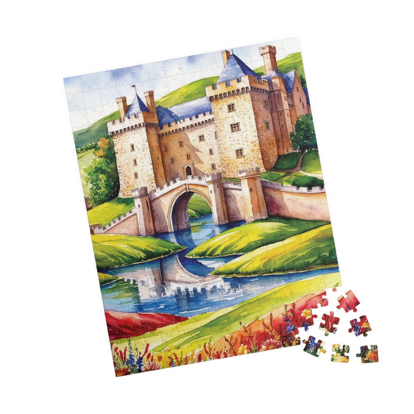 Medieval Castle Landscape Jigsaw Puzzle, Serene Moat Drawbridge Rolling Hills and Colorful Flowers, Challenging Family Game, Mindfulness Puzzle The Puzzle Chest