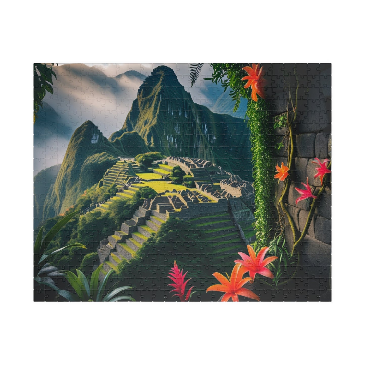 Machu Picchu Historic Landmark Puzzle, Jungle Vines Tropical Flowers, South American Travel Jigsaw Game, Nature Inspired Puzzle Lover Gift 520 pcs (Horizontal) Puzzle The Puzzle Chest