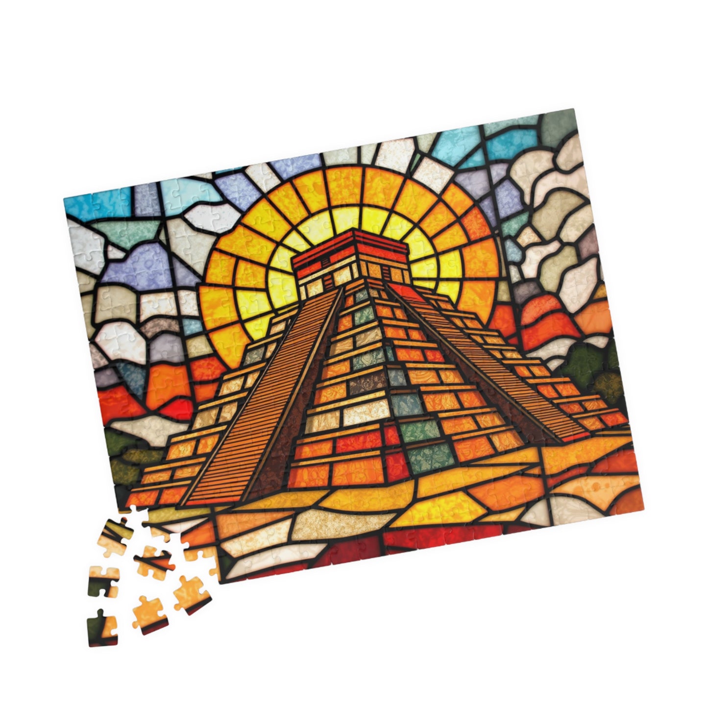 Chichen Itza Pyramid Jigsaw Puzzle, Stained Glass Inspired Historic Mayan Famous Landmark, Frameable Art Travel Enthusiast Gift Puzzle The Puzzle Chest