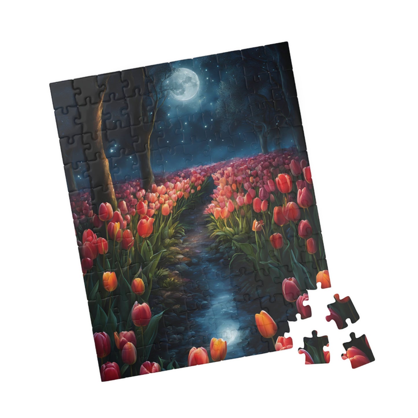 Magical Nighttime Tulip Puzzle, Peaceful Floral Scene Under the Moon, Glowing Flowers and Tranquil River Jigsaw Game, Gift for Nature Lover Puzzle The Puzzle Chest