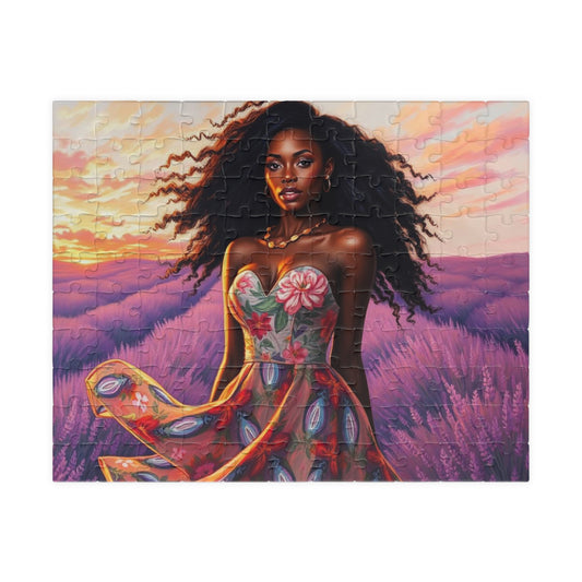 Floral Black Woman Art Puzzle - Lavender Field Jigsaw Game, Gift for Flower Lover, Home Entertainment, Family Fun, Art Enthusiast 110 pcs (Horizontal) Puzzle The Puzzle Chest