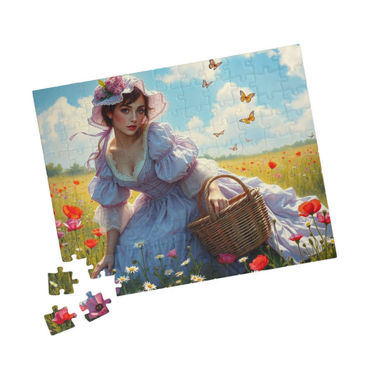 Victorian Elegance in Bloom - 19th-Century Woman in Wildflower Field Jigsaw Puzzle, Vintage-Inspired Scene 110 pcs (Horizontal) Puzzle The Puzzle Chest