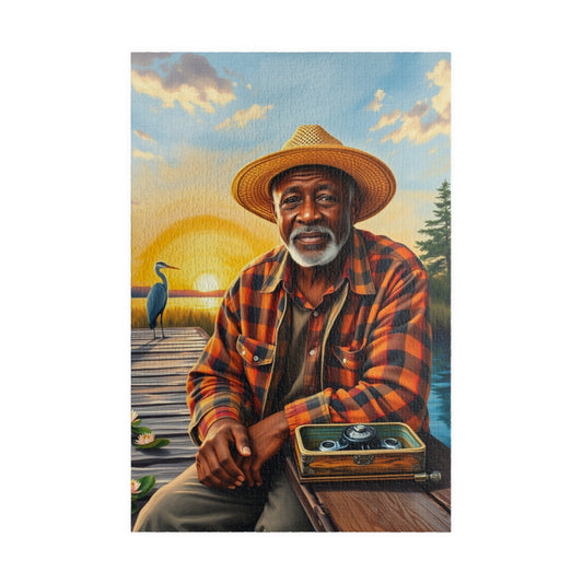Fishing Themed Afrocentric Jigsaw Puzzle, African American Male at River, Family Bonding Activity, Nature Lovers Fathers Day Unique Gift 1014 pcs (Vertical) Puzzle The Puzzle Chest