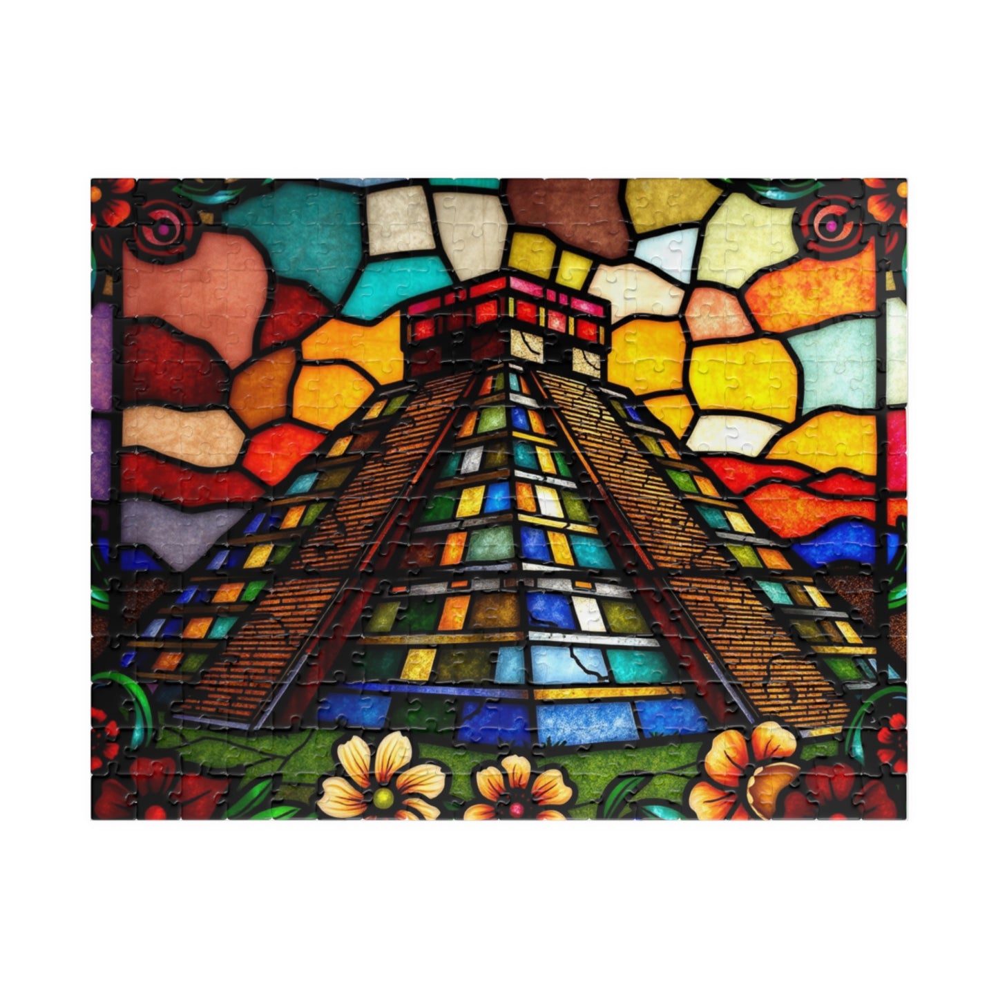 Stained Glass Chichen Itza Pyramid Jigsaw Puzzle, Historic Mayan Famous Landmark, Travel-Inspired Frameable Art Giftable Puzzle 252 pcs (Horizontal) Puzzle The Puzzle Chest