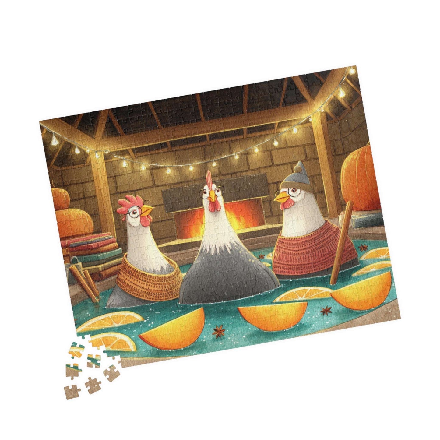 Pumpkin Spice Chicken Puzzle – Cozy Autumn Chickens in Spa Bath with Pumpkins & Cinnamon, Whimsical Fairy-Tale Jigsaw 520 pcs (Horizontal) Puzzle The Puzzle Chest