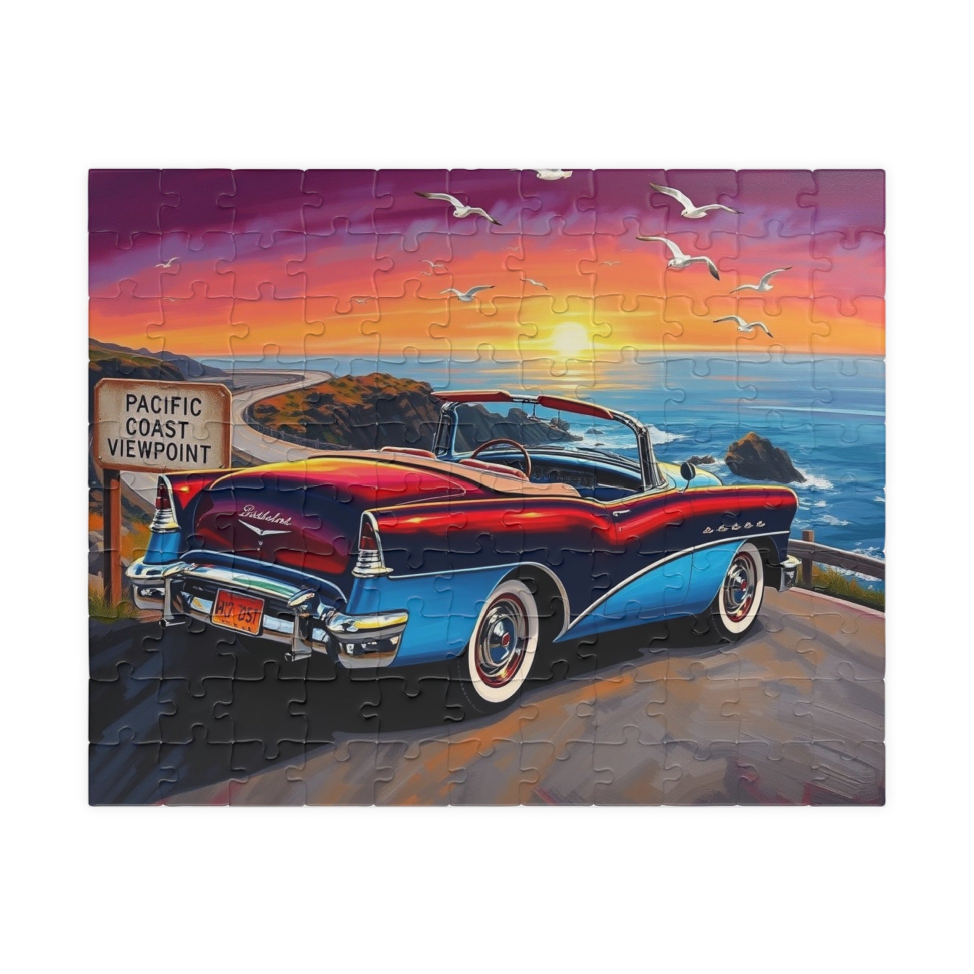 Vintage Car Puzzle, Sky Blue 1953 Convertible, Classic Vehicle at a Scenic California Overlook 110 pcs (Horizontal) Puzzle The Puzzle Chest