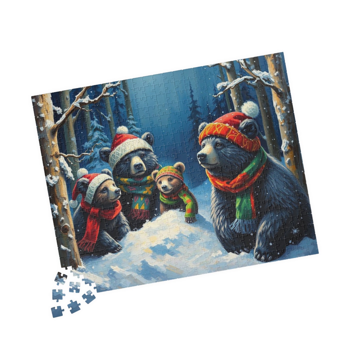 Christmas Bear Family Jigsaw Puzzle - 110, 252, 520, 1014 Pieces, Gift for Winter Nights, Family Games, Holiday Traditions, Home Decor