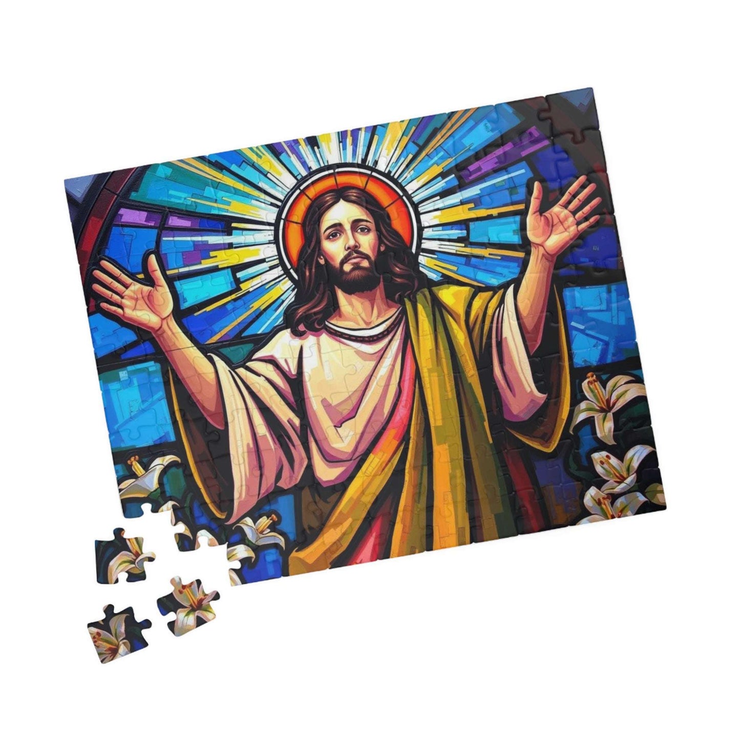Religious Puzzle Art - Jesus in Stained Glass Style, 110-1014 Piece, Challenging Brain Teaser, Faith-Based Gift for Friends, Family Activity 110 pcs (Horizontal) Puzzle The Puzzle Chest