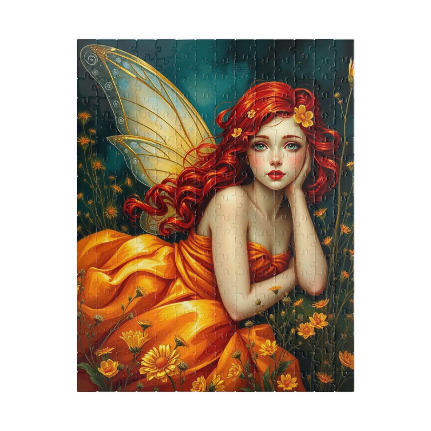 Fairy Dreamscape Jigsaw Puzzle - Red Haired Fairy in Night Wildflower Field 110-1014 Piece Mindful Gift for Family, Friend, Hospital Patient