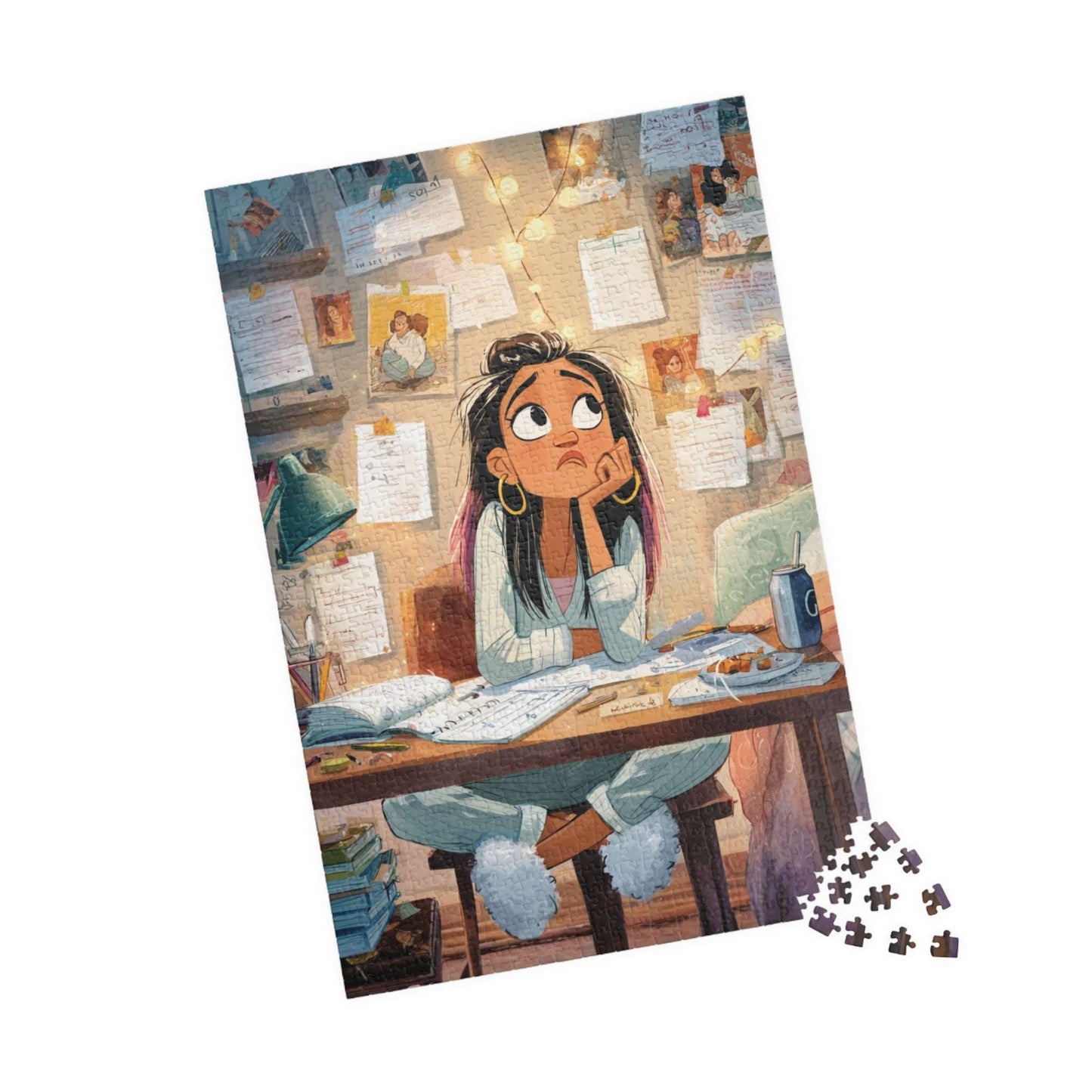Funny Homework Cartoon Puzzle - Watercolor Jigsaw Game, Teen Girl Struggling at Desk 1014 pcs (Vertical) Puzzle The Puzzle Chest