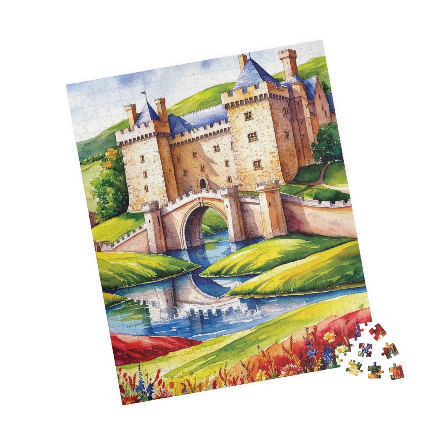 Medieval Castle Landscape Jigsaw Puzzle, Serene Moat Drawbridge Rolling Hills and Colorful Flowers, Challenging Family Game, Mindfulness Puzzle The Puzzle Chest