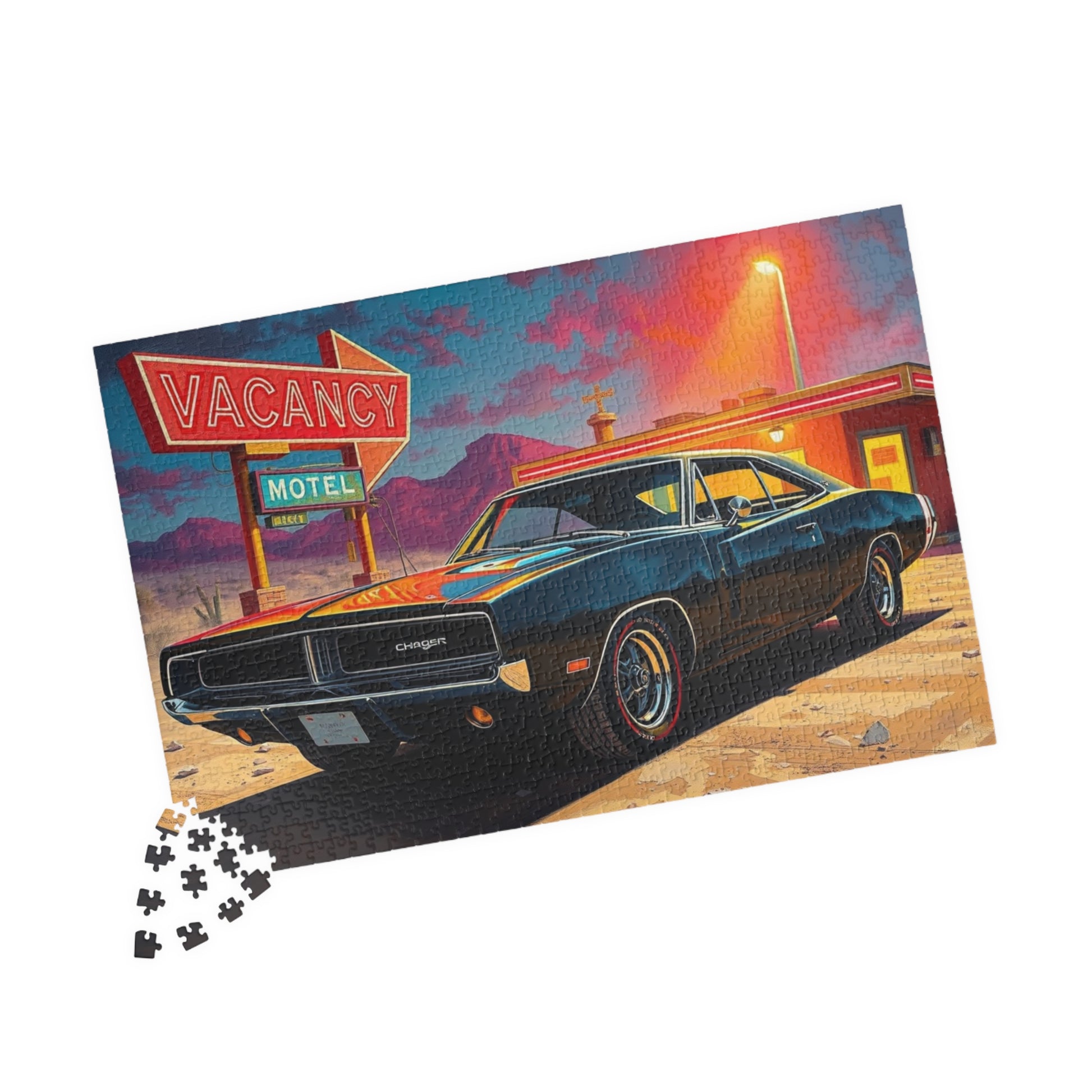 Vintage Muscle Car Puzzle, Black 1969 Charger, Classic Car Desert Motel Scene Jigsaw Game Puzzle The Puzzle Chest