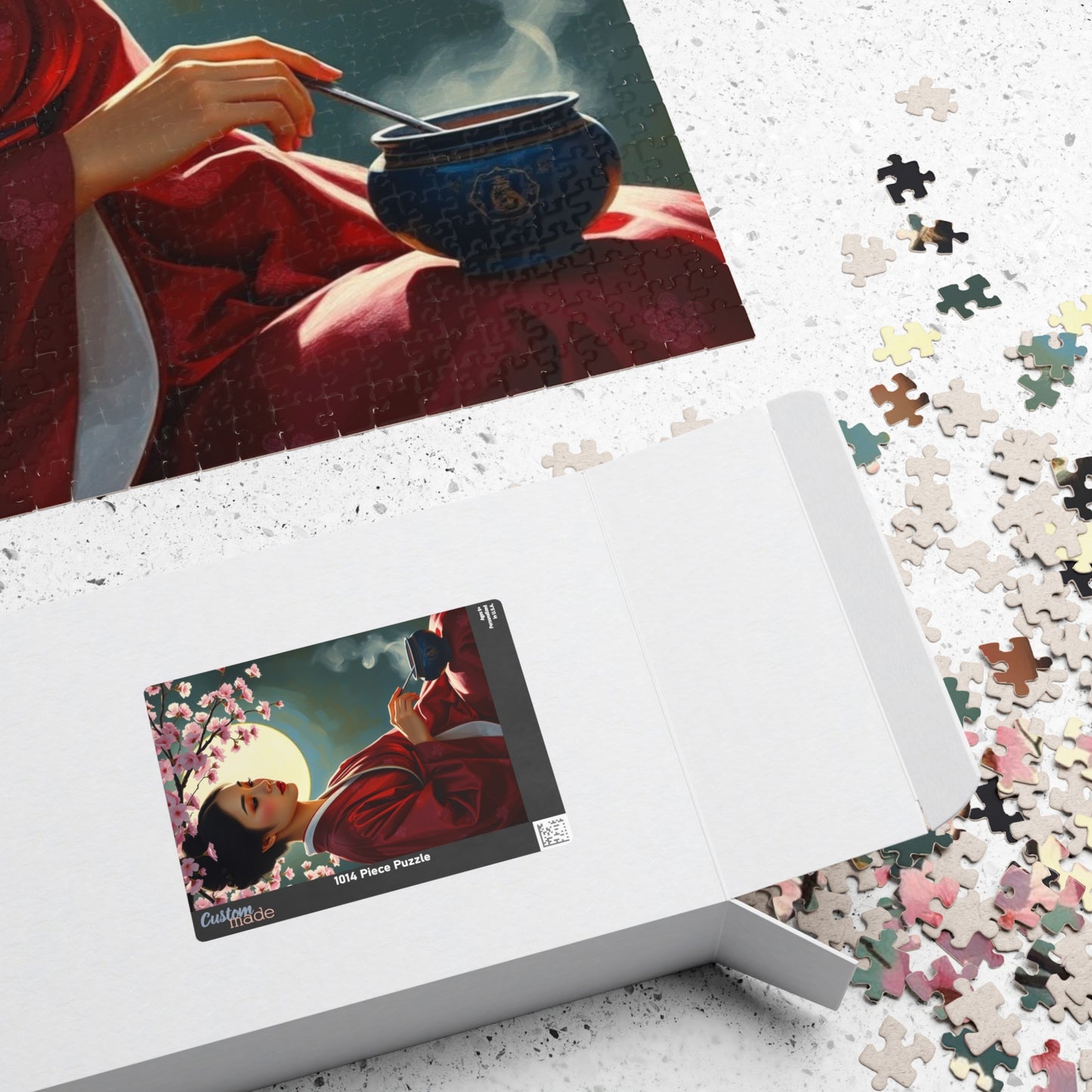 East Asian Cultural Jigsaw Puzzle (110-1014 Piece), Elegant Hanbok-Clad Woman, Traditional Tea Ceremony Under Cherry Blossom Tree, Best Gift Puzzle The Puzzle Chest