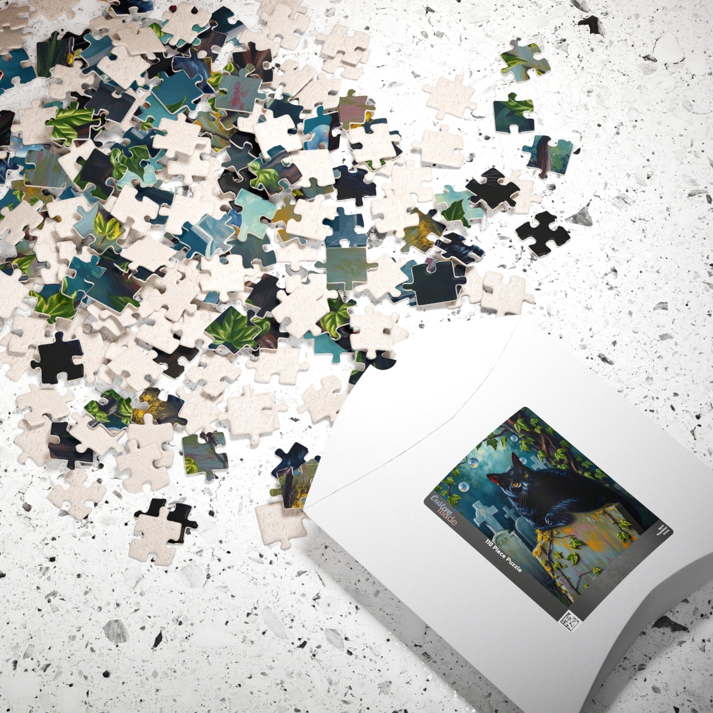 Gothic Puzzle, Black Cat Rests on Moss-Covered Tombstone, Eerie Atmosphere, Halloween Jigsaw Game, Spooky Home Decor, Creepy Cat Lover Gift Puzzle The Puzzle Chest