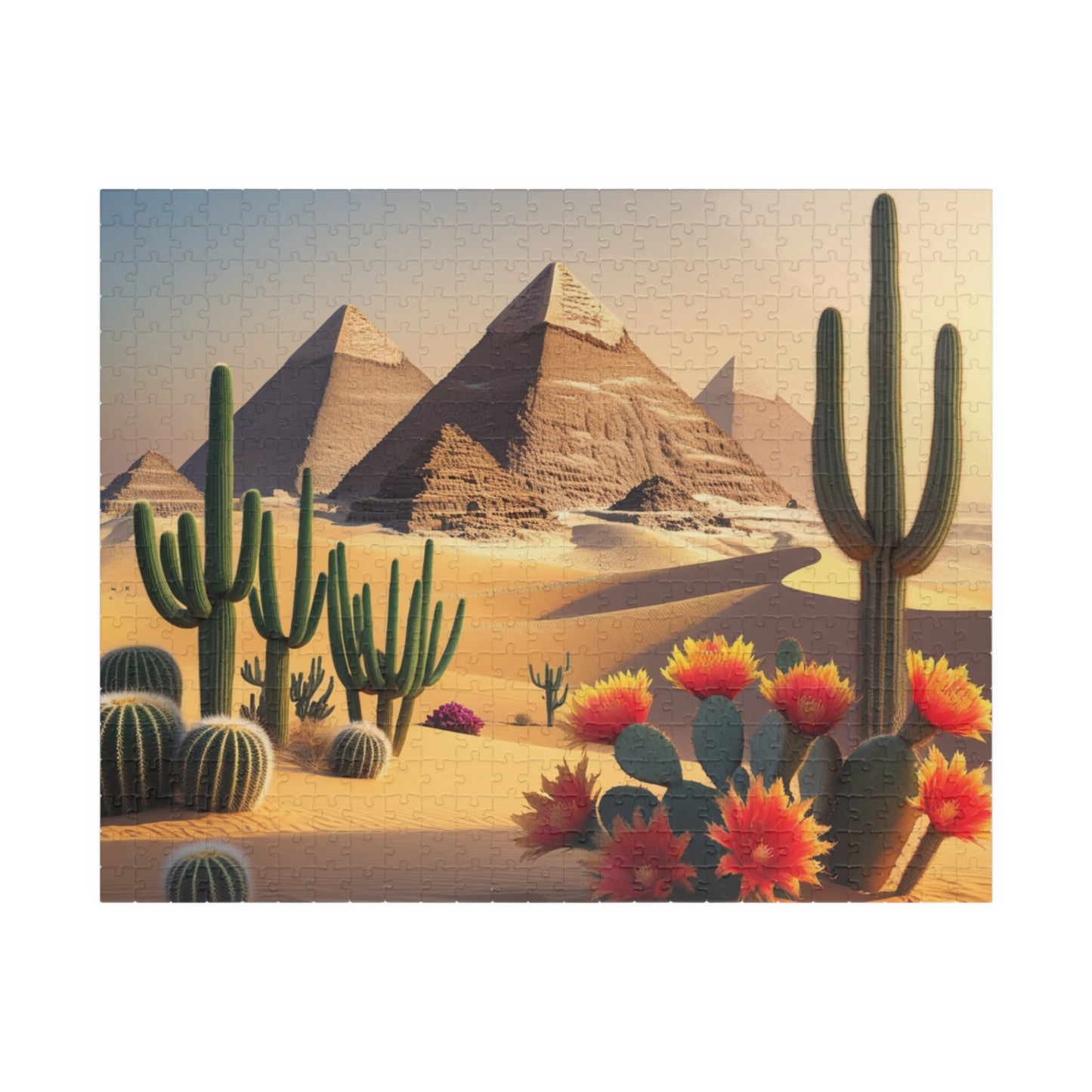 Pyramids of Giza Jigsaw Puzzle, Desert Landscape Cacti Prickly Pears Red Flowers, 110 252 520 1014-piece, Fun Egyptian Travel Hobby, Ancient 520 pcs (Horizontal) Puzzle The Puzzle Chest
