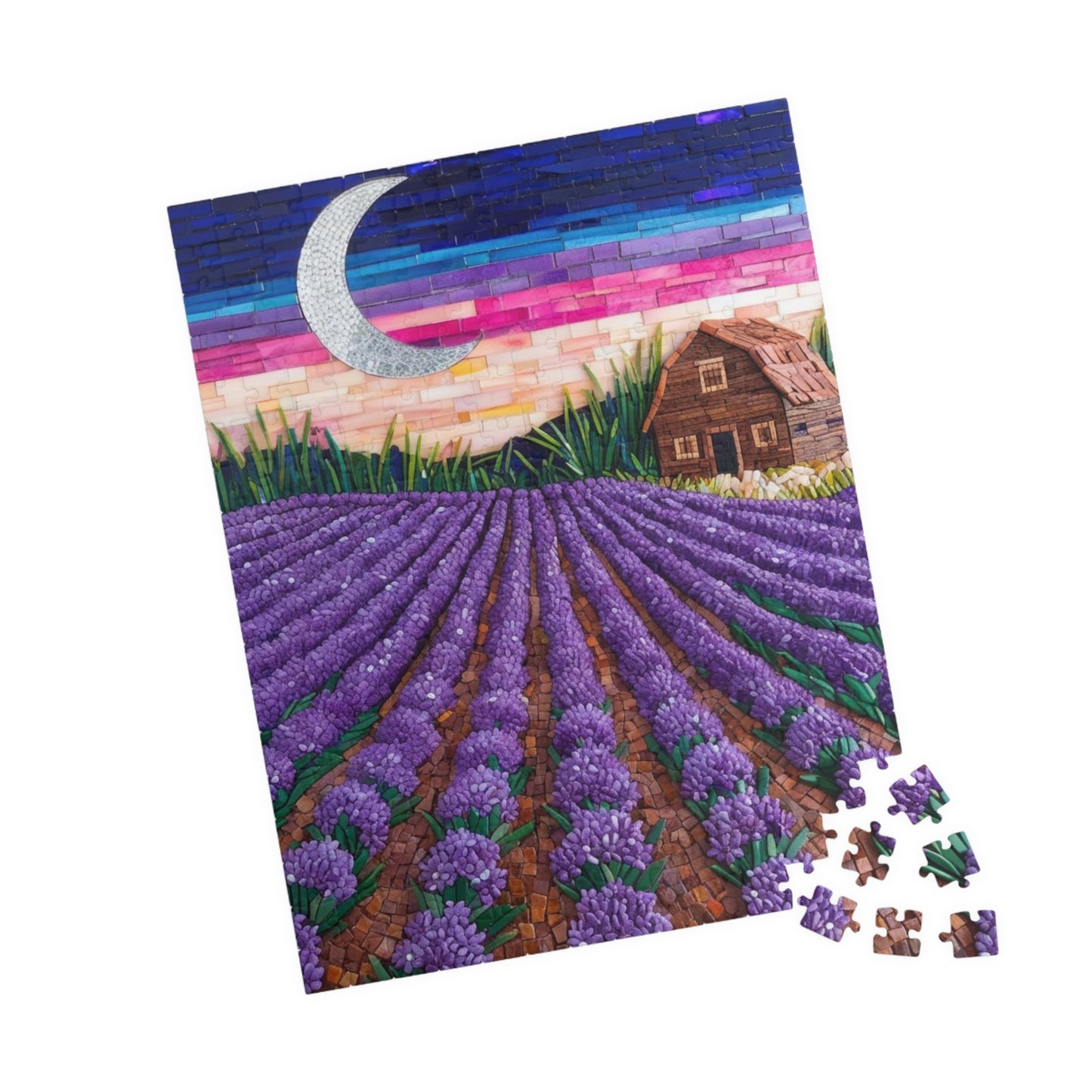 Jigsaw Puzzle, Lavender Fields Mosaic Landscape 110 252 520 1014-piece, Earthy Farmhouse Flower Rows, Rustic Mosaic Tiles Puzzle, Floral Puzzle The Puzzle Chest