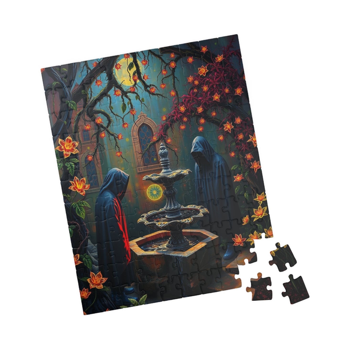 Ghostly Gothic Garden Puzzle, Dark Fantasy Scene with Glowing Flowers and Hooded Figures, Quiet Leisure Staycation Activity for Puzzle Lover Puzzle The Puzzle Chest