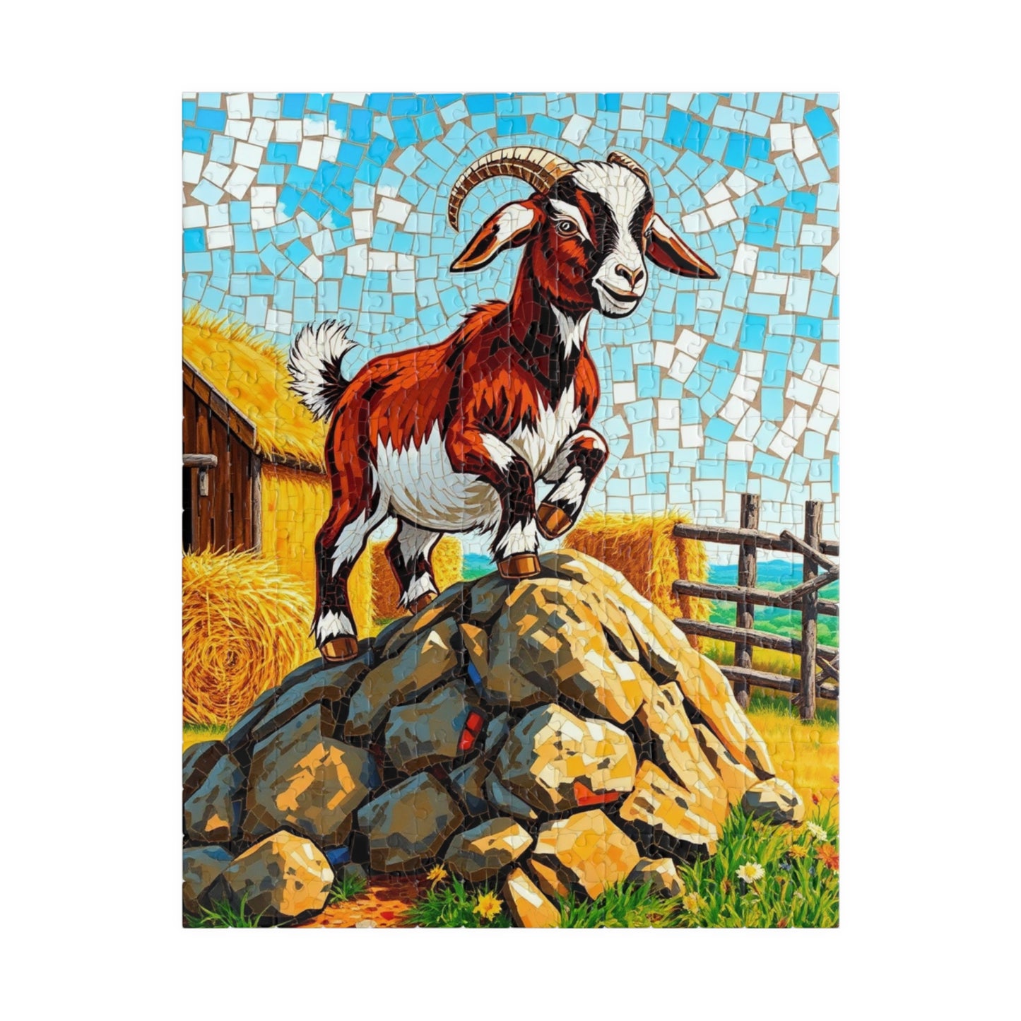 Playful Goat Mosaic Puzzle, Goat on Rocky Hill, Sunny Farm Scene Jigsaw Game for Adults, Family Activity, Mindful Puzzle Lover Gift 252 pcs (Vertical) Puzzle The Puzzle Chest