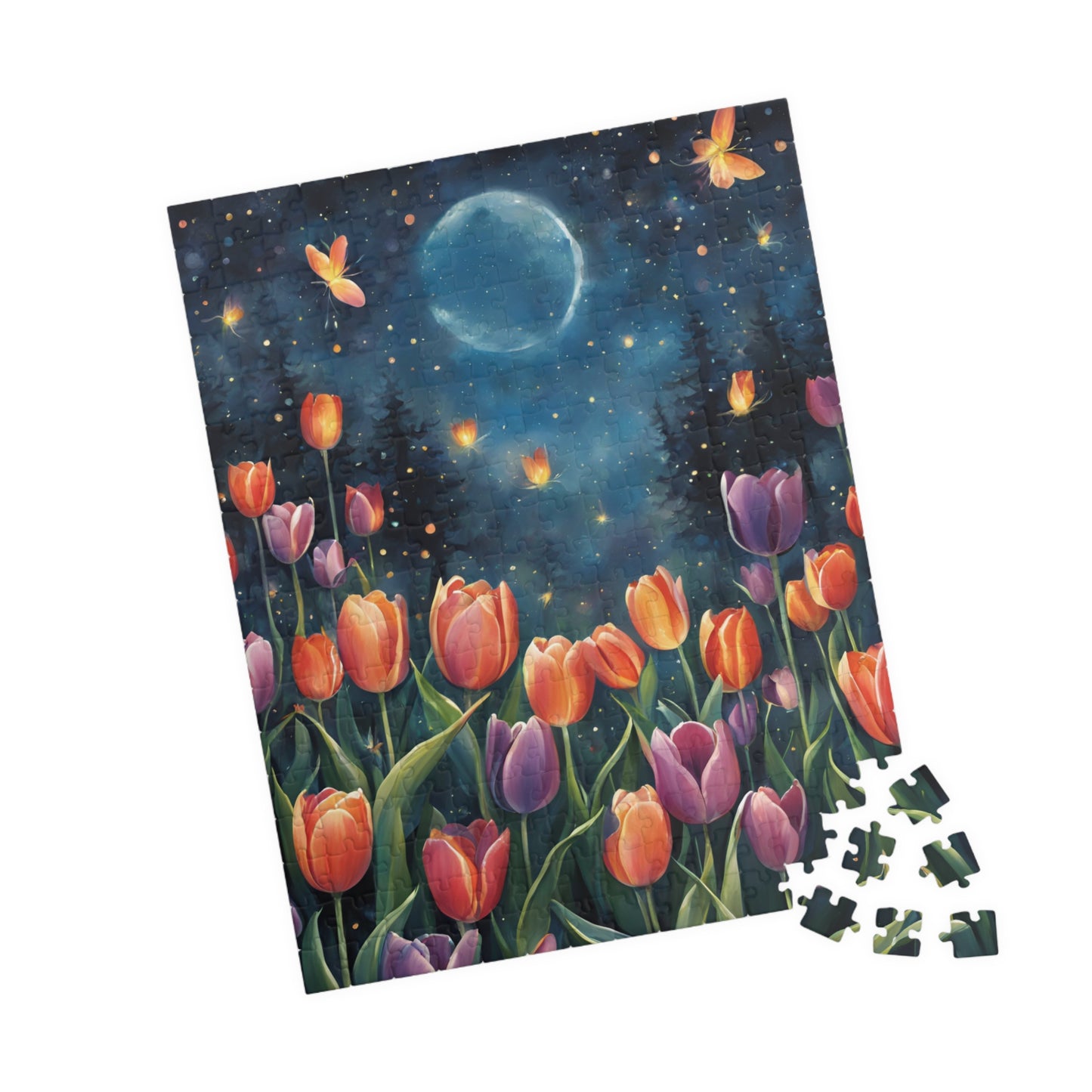 Moonlit Tulip Garden Puzzle, Glowing Tulips and Fireflies Tranquil Night Fantasy Adult Jigsaw Game, Nature-Inspired Gift for Puzzle Fanatic Puzzle The Puzzle Chest