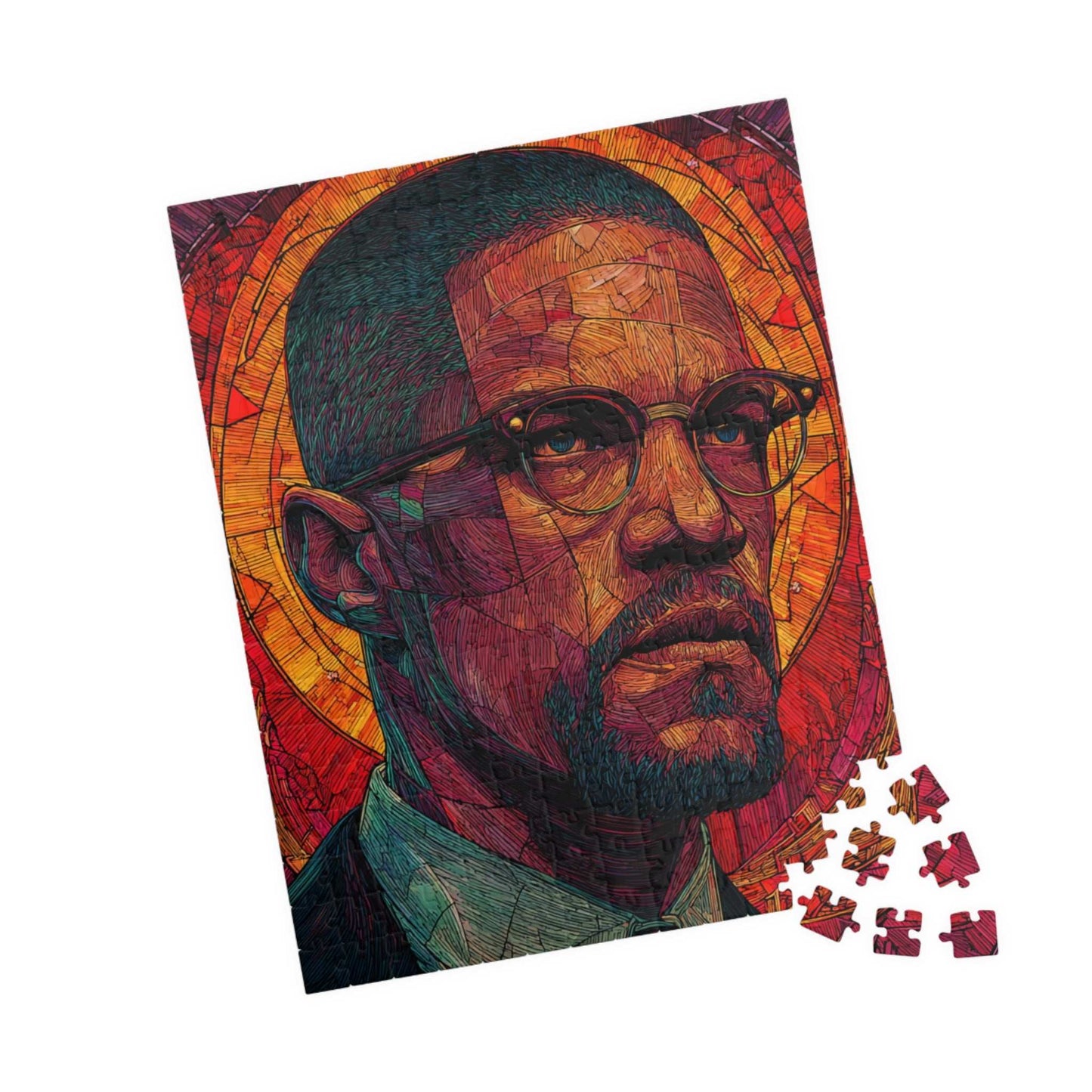 Afrocentric Malcolm X Puzzle, Stained Glass Portrait, Black History Hero, Red Orange Radiant Artwork, Educational Jigsaw, Iconic Historical Figure Puzzle 252 pcs (Vertical) Puzzle The Puzzle Chest