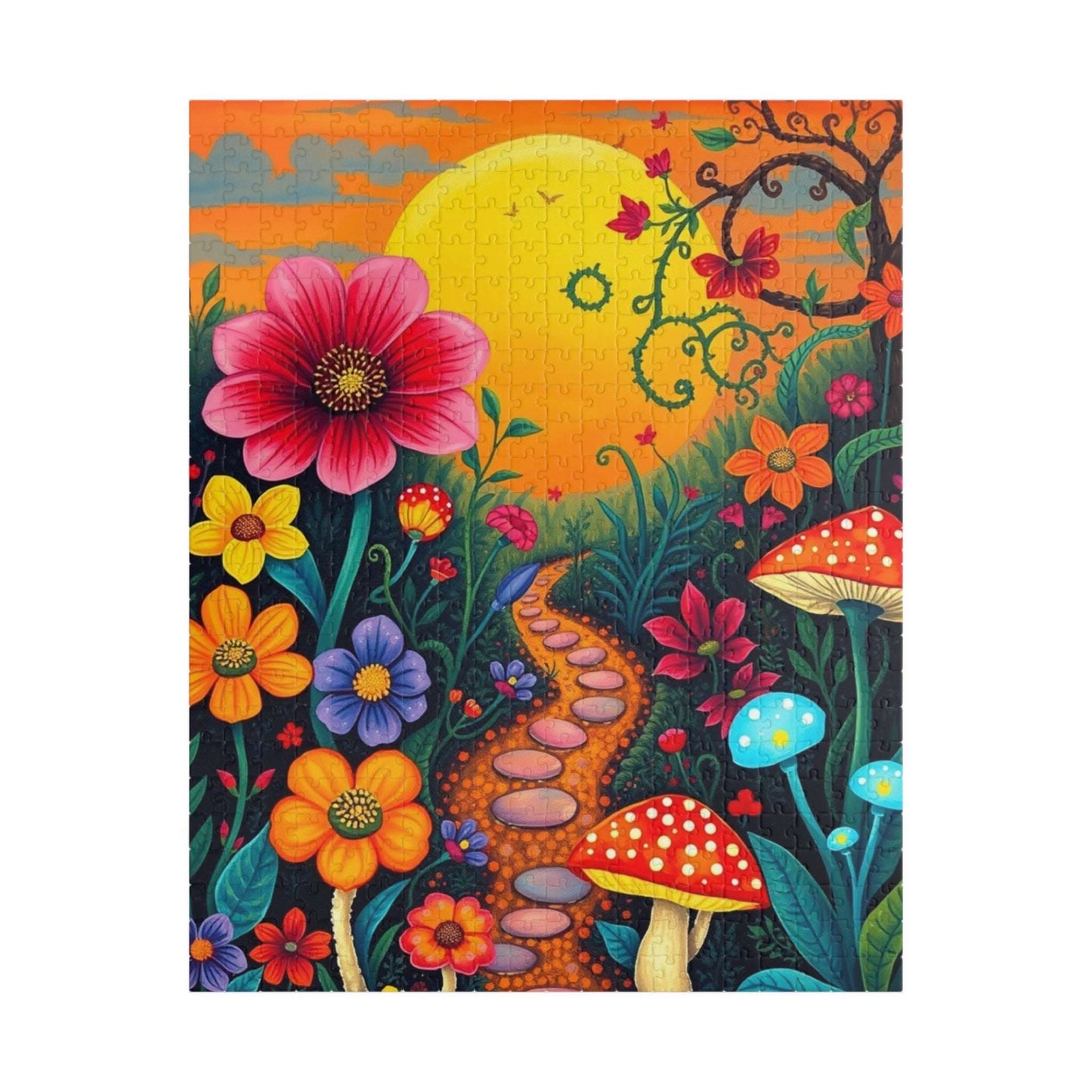 Jigsaw Puzzle, Whimsical Botanical Garden 110, 252, 520, 1014-piece - Flowers, Vines, Mushrooms, Sunset Background, Fantasy Puzzle 520 pcs (Vertical) Puzzle The Puzzle Chest