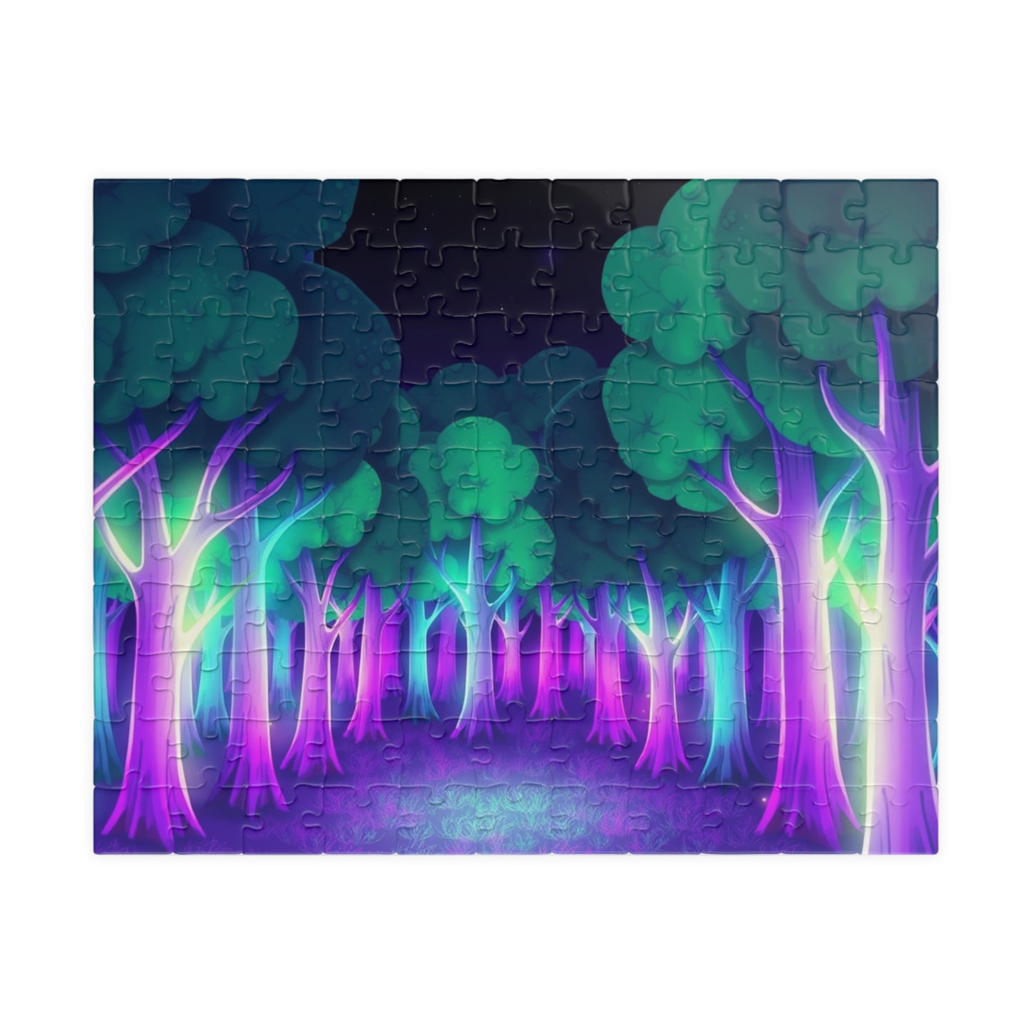Abstract Forest Landscape Jigsaw Puzzle, Glowing Purple Green Neon Trees, Fantasy Art Puzzle Lover, Quiet Time Leisurely Activity, Fun Hobby 110 pcs (Horizontal) Puzzle The Puzzle Chest
