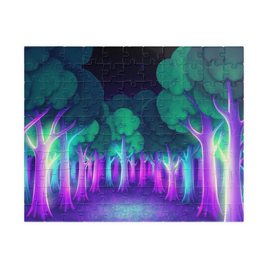 Abstract Forest Landscape Jigsaw Puzzle, Glowing Purple Green Neon Trees, Fantasy Art Puzzle Lover 110 pcs (Horizontal) Puzzle The Puzzle Chest