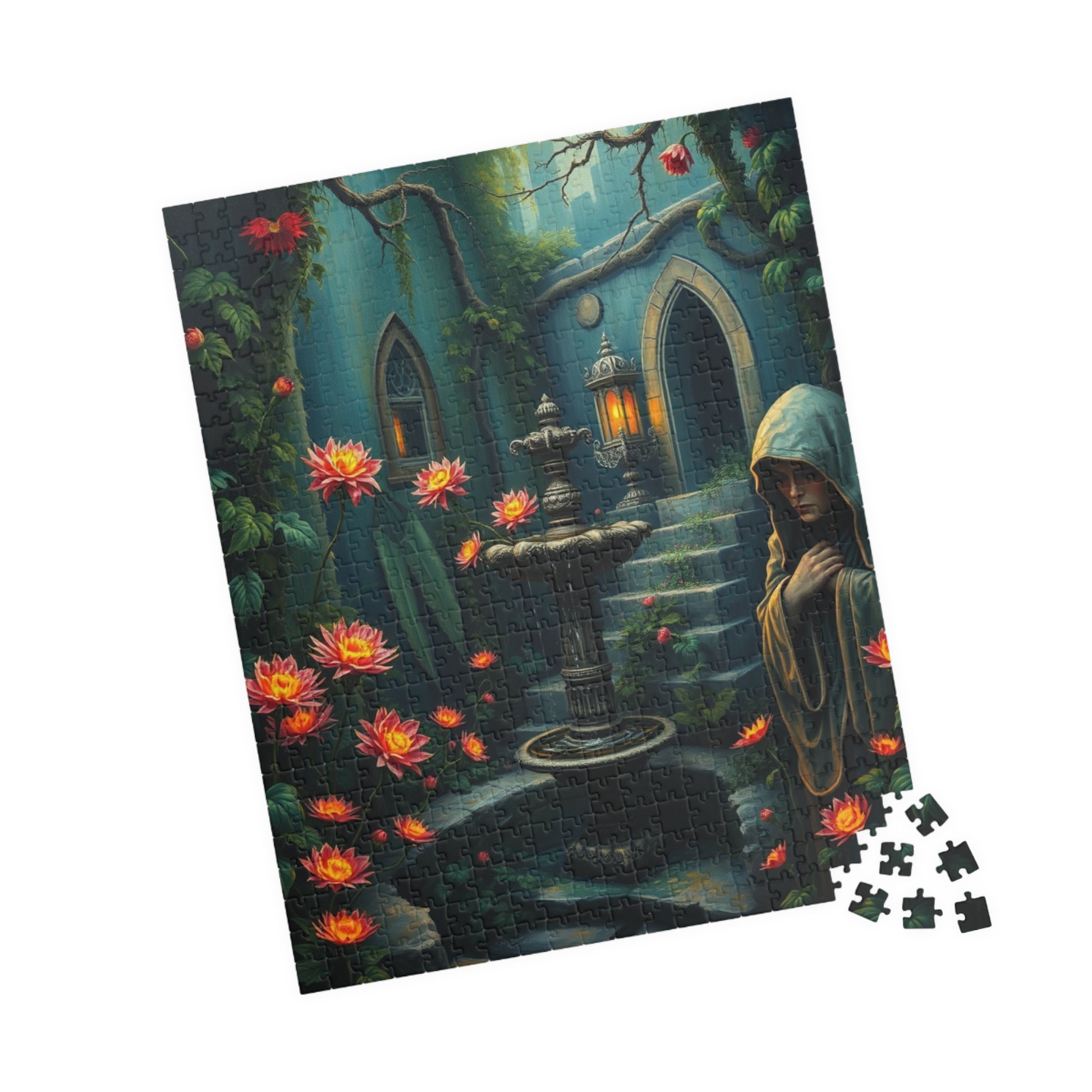 Gothic Garden Puzzle, Mysterious Bioluminescent Flowers & Stone Statues, 520-Piece Jigsaw, Dark Fantasy Art, Mystery Garden Puzzle, Fantasy Puzzle The Puzzle Chest