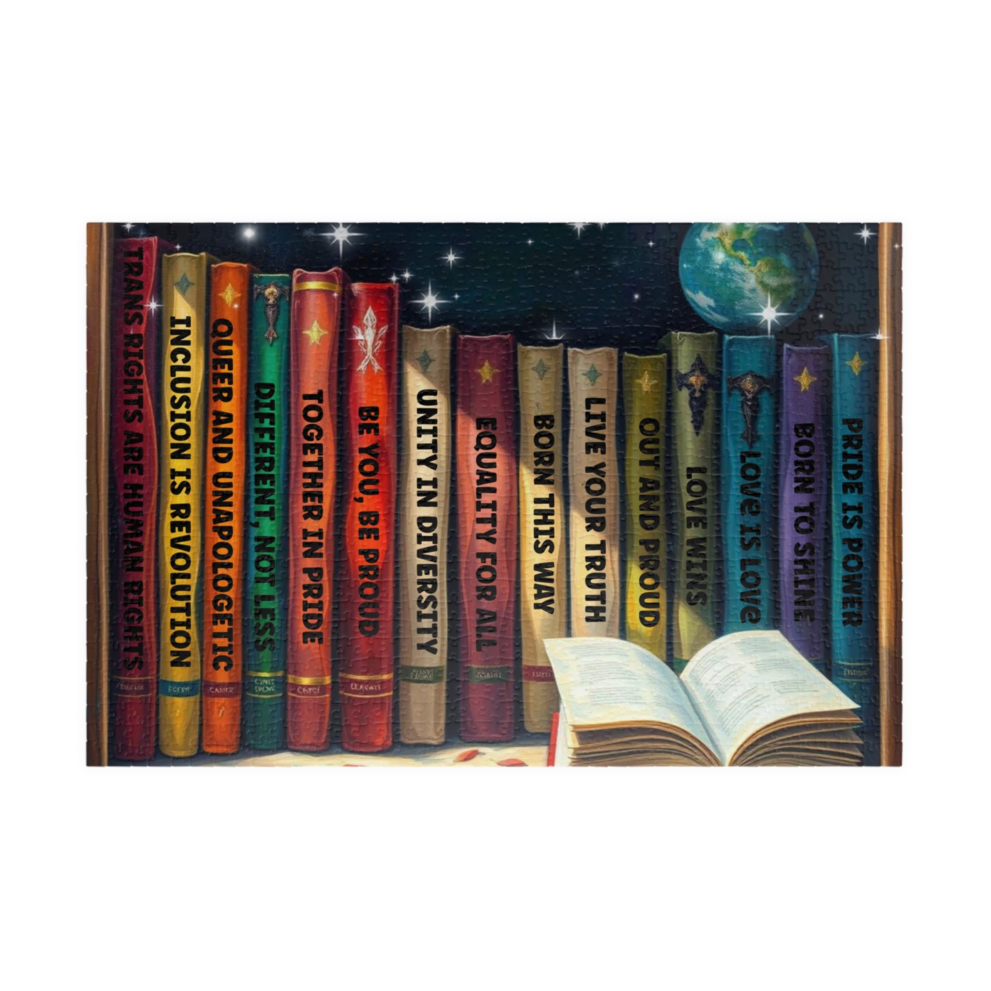 Stories of Pride Jigsaw Puzzle - A Cosmic Bookshelf of Love and Identity, Inclusive Diversity Puzzle, LGBTQ+ Puzzle with Inspirational Quotes, Alternative Lifestyle Gift 1014 pcs (Horizontal) Puzzle The Puzzle Chest