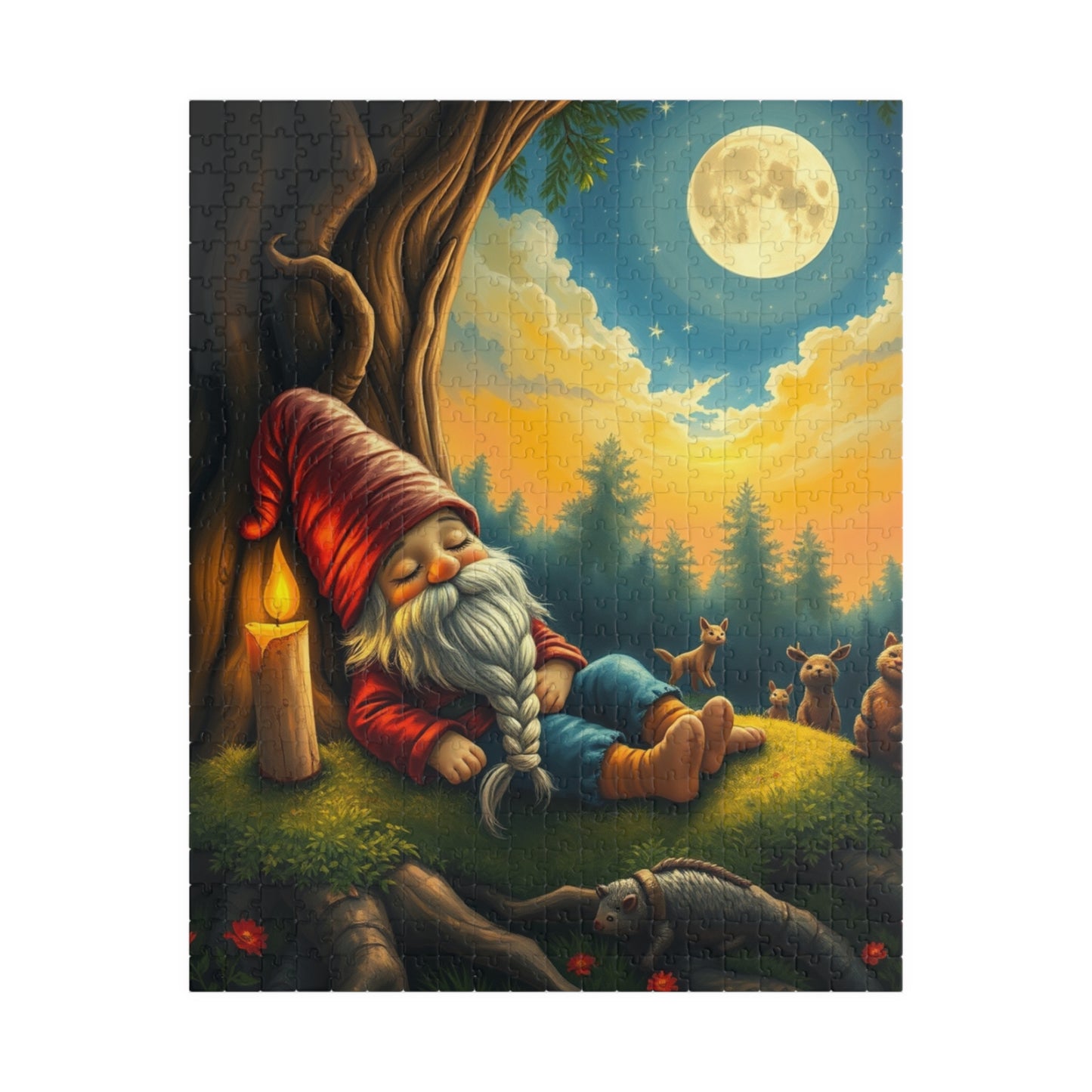 Slumbering Gnome Under the Moonlight Puzzle, Sleepy Gnome Night Scene Animals and Starry Sky, Fantasy Jigsaw Game, Mindful Puzzle Lover Gift 520 pcs (Vertical) Puzzle The Puzzle Chest