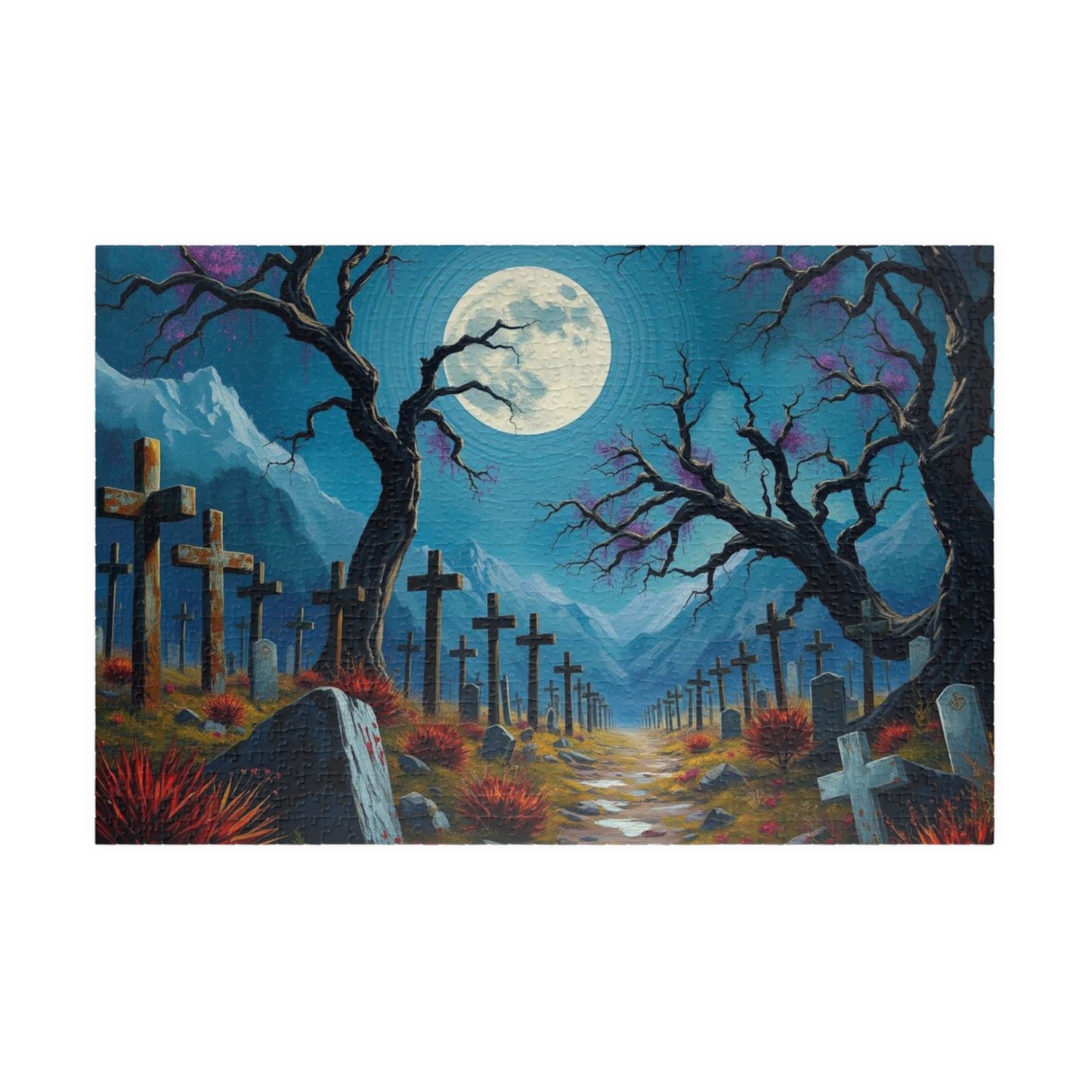 Moonlit Crosses Jigsaw Puzzle - Abandoned Cemetery, Gothic Art Print, Gothic Landscape, Spooky Graveyard Puzzle Lover Dark Fantasy Gift Idea 1014 pcs (Horizontal) Puzzle The Puzzle Chest