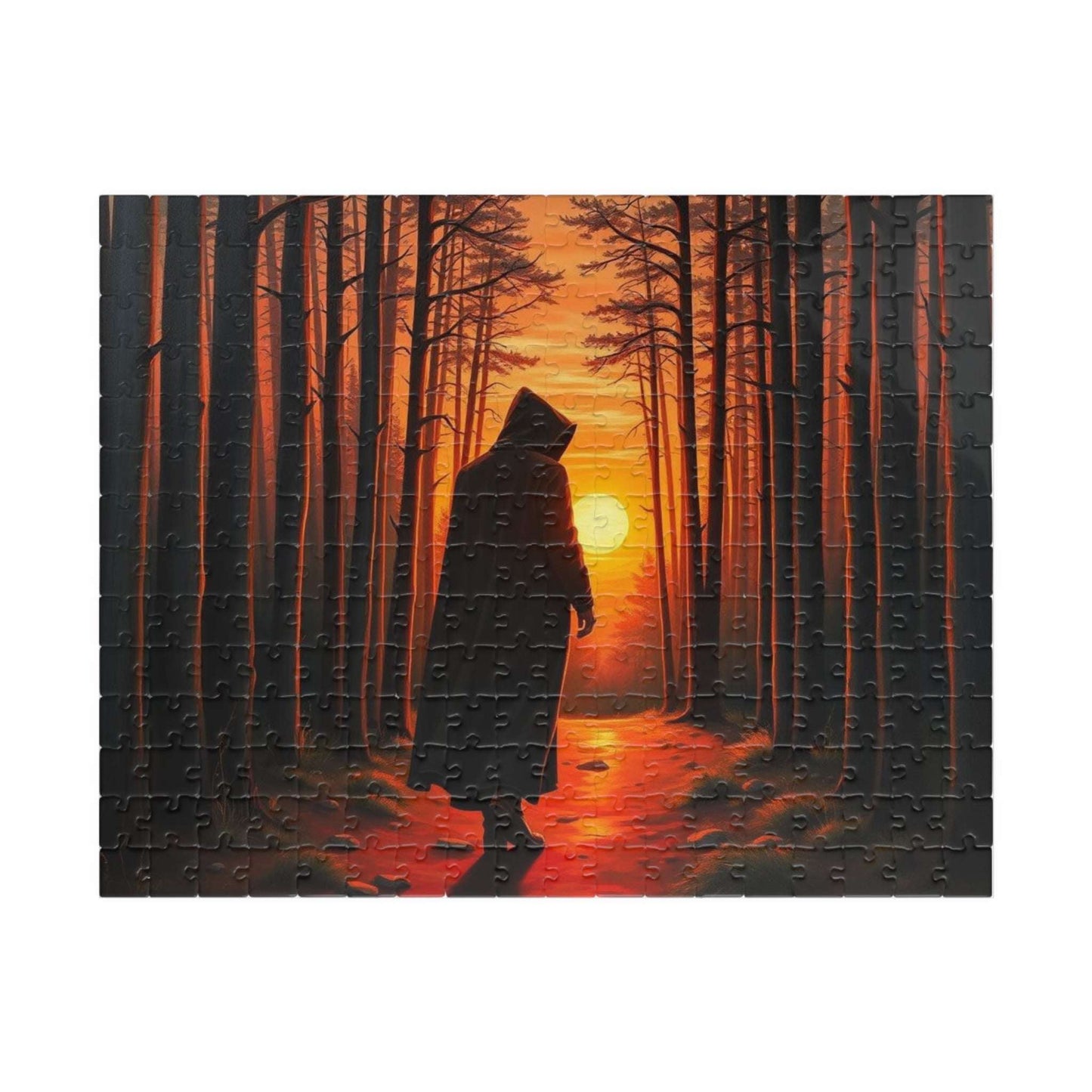 The Silent Passage Jigsaw Puzzle - Cloaked Figure Hollow Grove Eerie Sunset, Gothic Puzzle, Moody Landscape Puzzle, Dark Fantasy Art Puzzle 252 pcs (Horizontal) Puzzle The Puzzle Chest