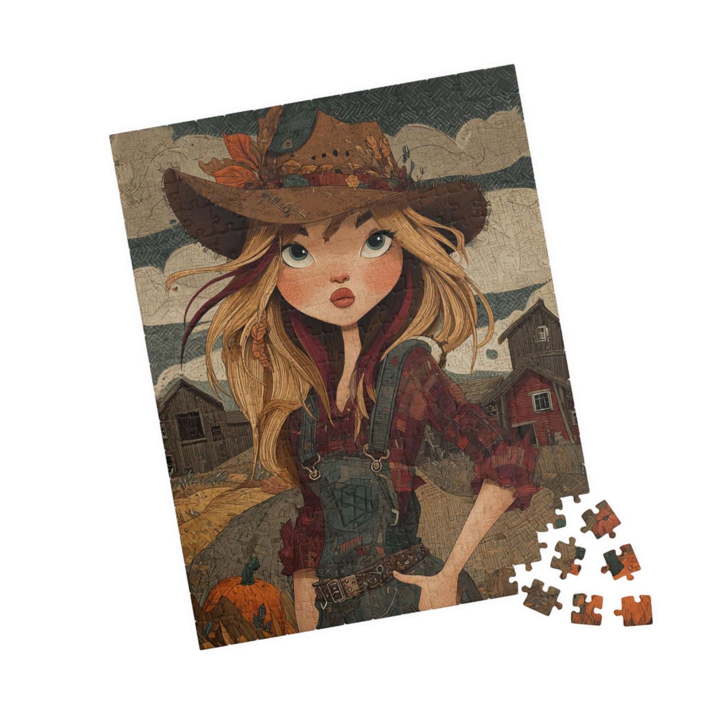 1990s Autumn Cowgirl Jigsaw Puzzle - Grunge Patchwork, Retro Cartoon-Style Illustration Farm Scene 252 pcs (Vertical) Puzzle The Puzzle Chest