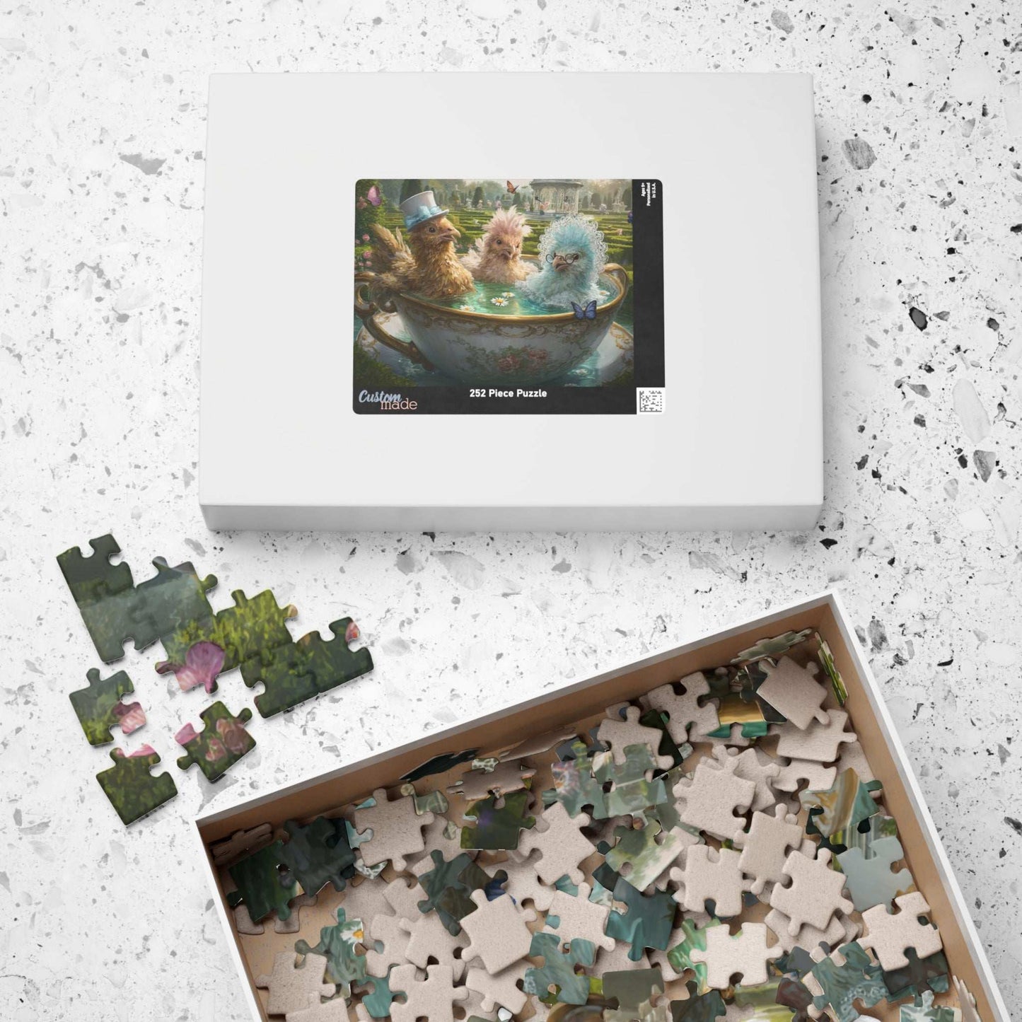 Whimsical Garden Tea Chicken Puzzle – Three Fancy Chickens in Giant Teacup Bath with Flowers, Fairy-Tale Farm Animal Jigsaw Puzzle The Puzzle Chest