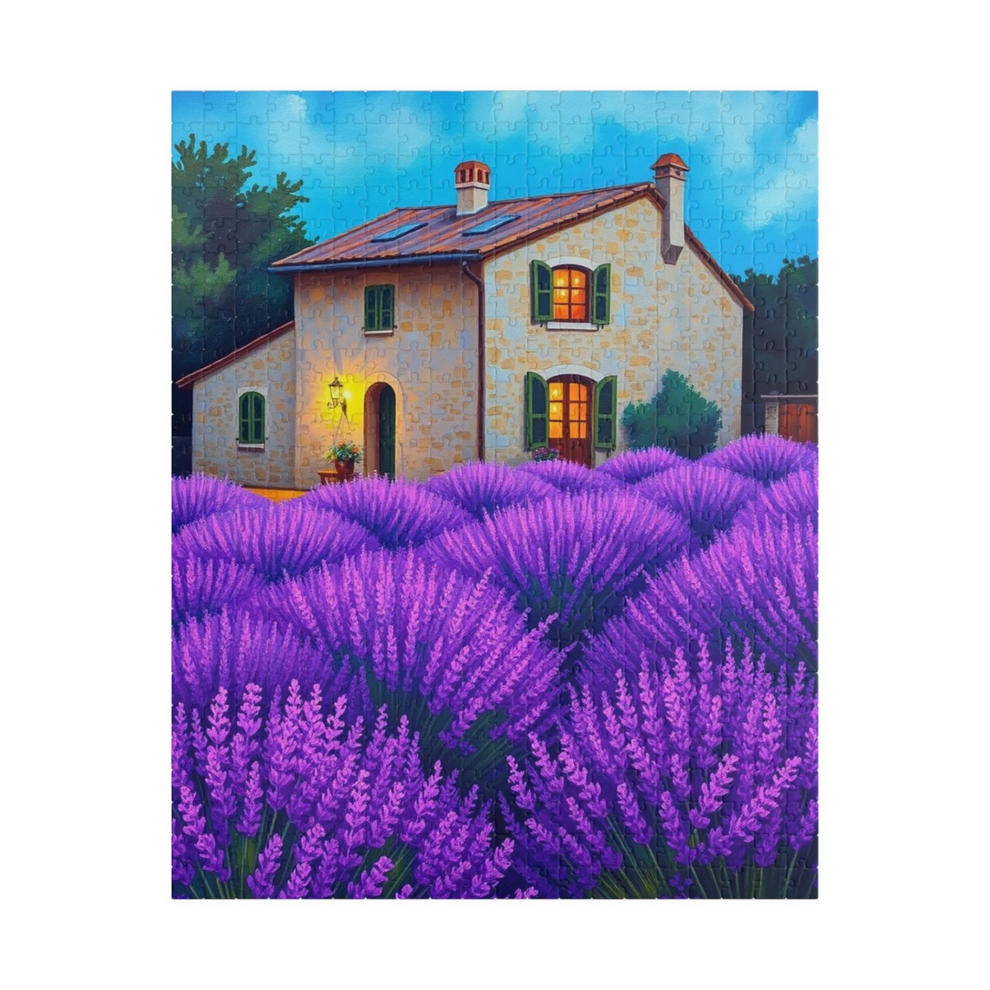 Puzzle, Bioluminescent Lavender Fields in Provence, France, 110/252/520/1014-Piece, Rustic Stone Farmhouse, Wooden Shutters, Vibrant Purple 520 pcs (Vertical) Puzzle The Puzzle Chest
