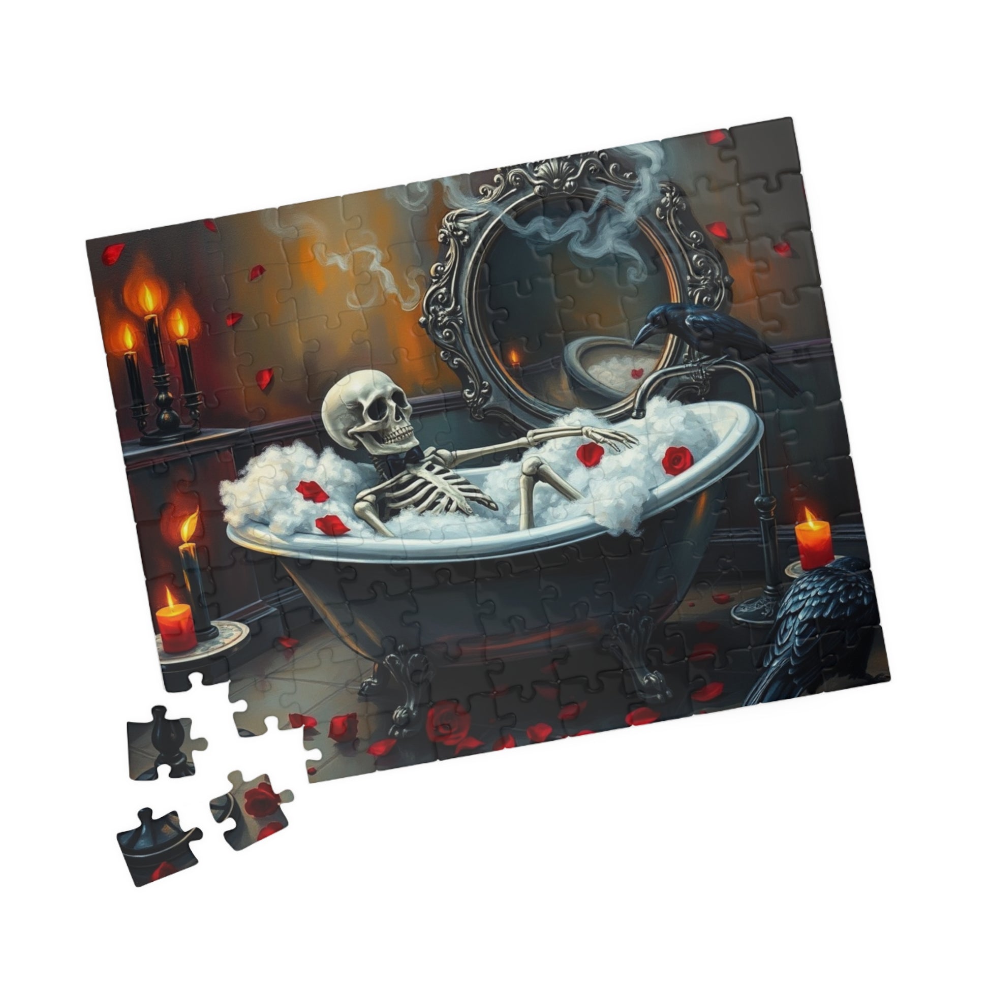 Creepy Cute Skeleton Bubblebath Puzzle, Skeleton Relaxing in Clawfoot Tub with Raven and Roses, Halloween Jigsaw for Spooky Puzzle Lovers Puzzle The Puzzle Chest