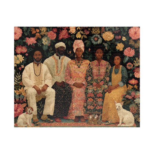Black Art Jigsaw Puzzle - Afrocentric Family Portrait in Story-Quilt Style with Bold Patterned Fabrics Puzzle The Puzzle Chest