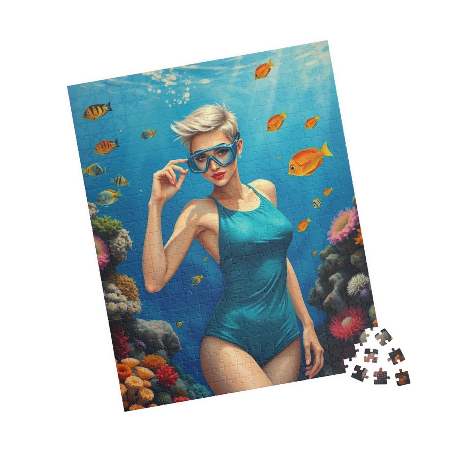 Puzzle, Woman Snorkeling on Coral Reef, Jigsaw Game for Adults, 110/252/520/1014-piece, Relaxing Activity, Mindfulness Gift, Ocean Scene Puzzle The Puzzle Chest