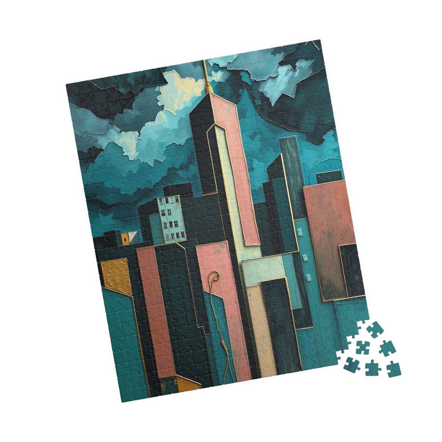 Abstract Cityscape Jigsaw Puzzle - Metallic Pastel Teal Geometric Shapes Puzzle The Puzzle Chest