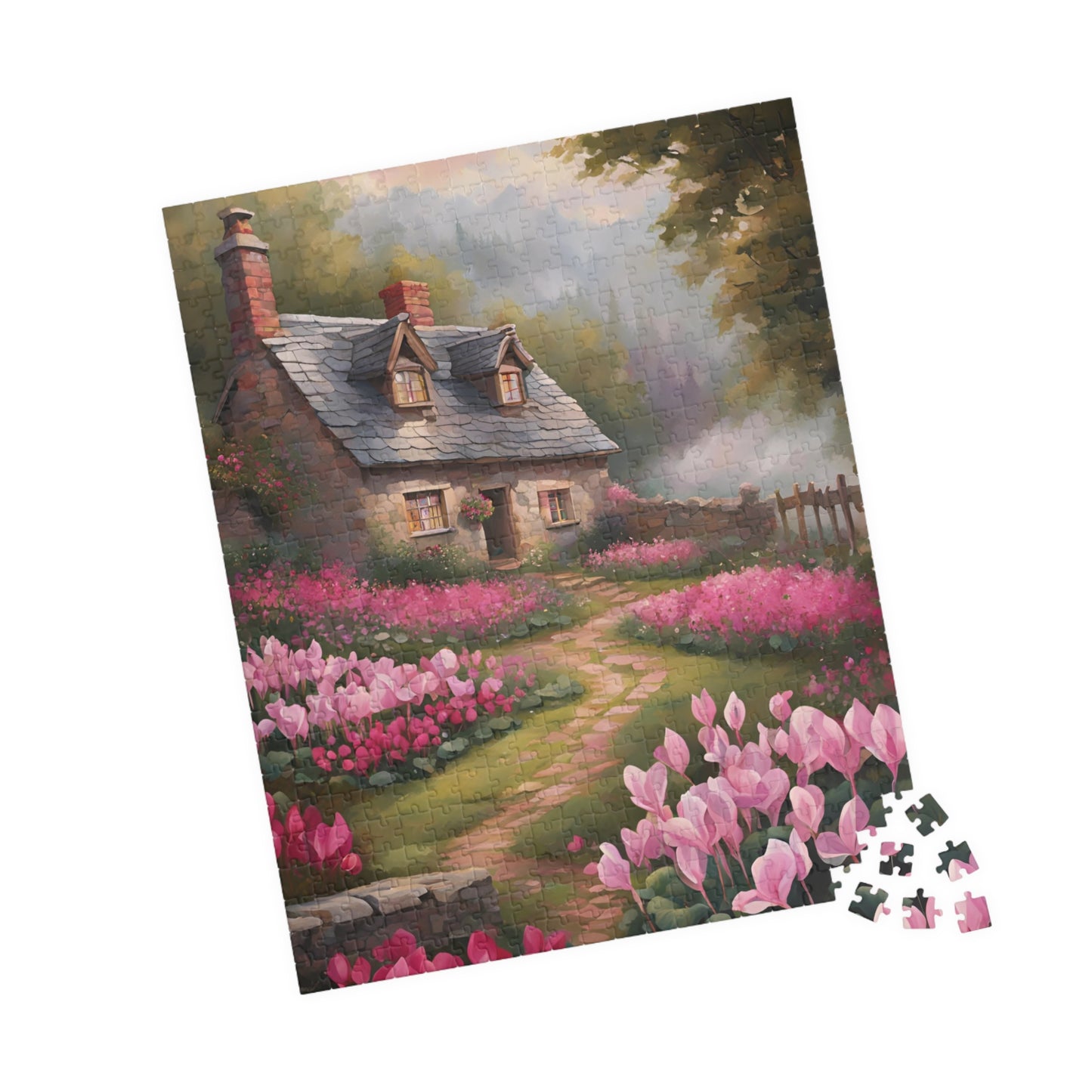 Enchanted Stone Cottage Puzzle, Thatched Roof Home Blooming Cyclamen Meadow, Idyllic Countryside Pink Purple Floral Landscape Game, Giftable Puzzle The Puzzle Chest