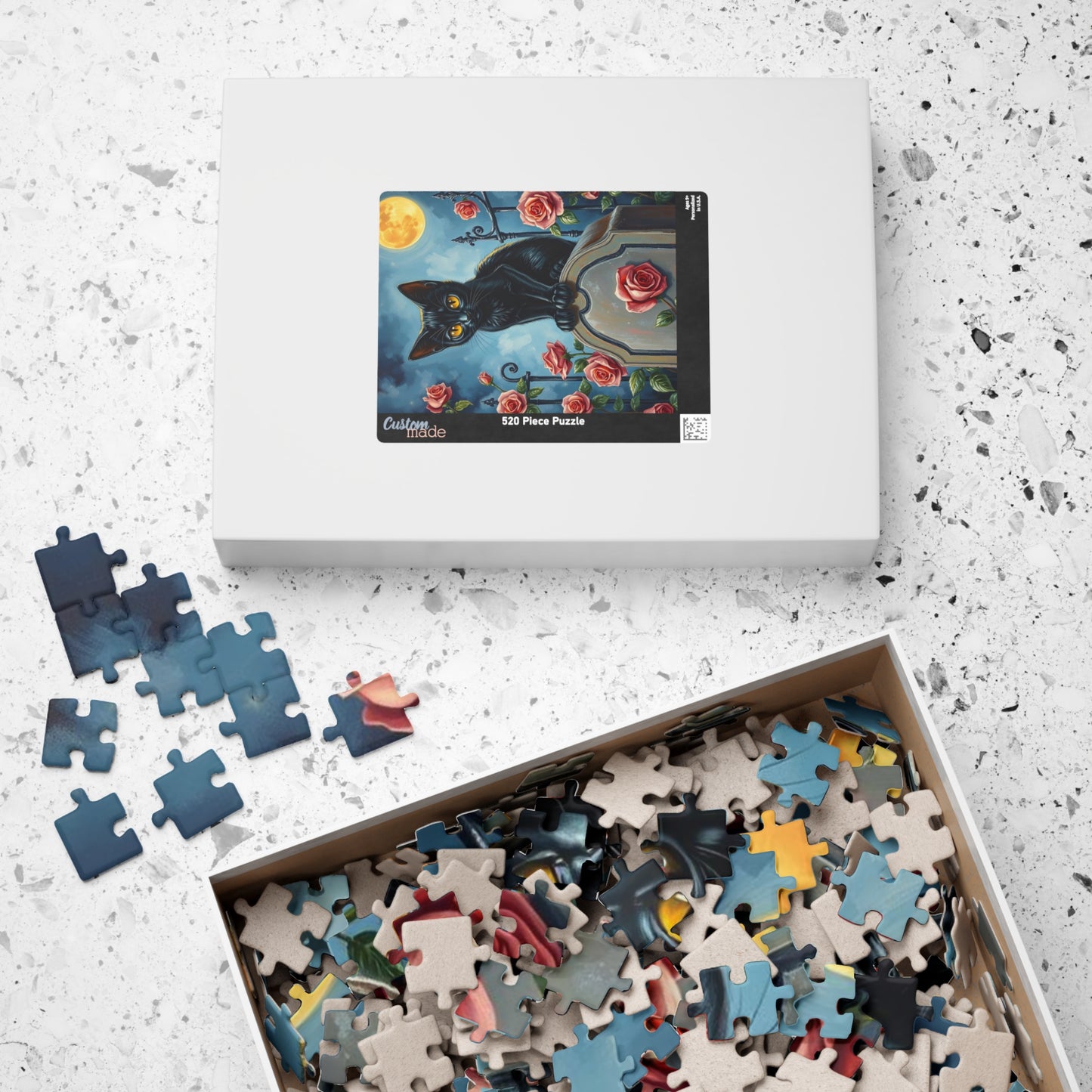 Graveyard Night Stalker Jigsaw Puzzle - Black Cat on Moonlight Gravestone, Halloween Game, Gift for Cat Lover, Challenging Family Activity